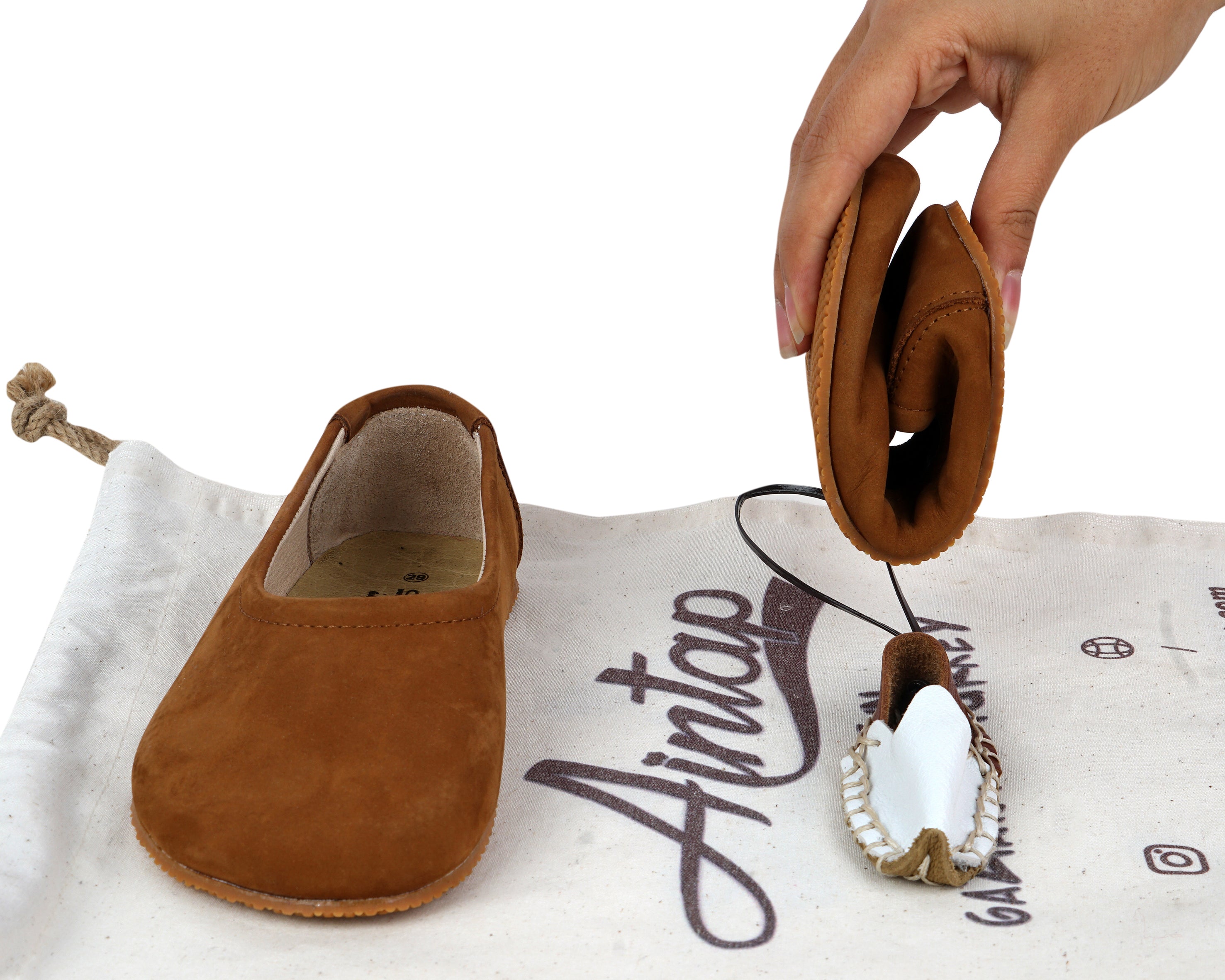Tan Kids Flat Ballet Wide Barefoot Shoes Nubuck Leather Handmade Leather & Rubber Sole 