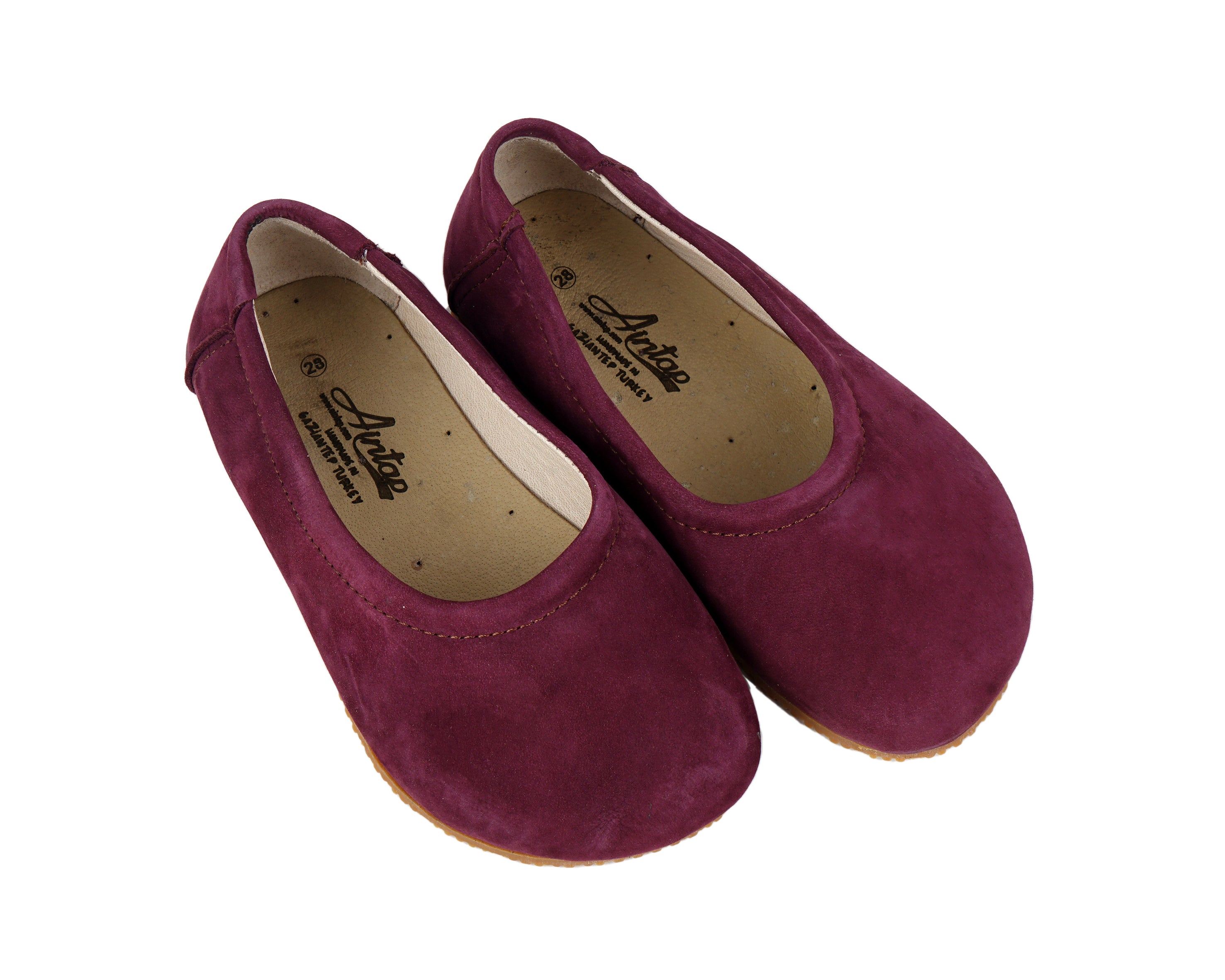 Burgundy Kids Flat Ballet Wide Barefoot Shoes Nubuck Leather Handmade Leather & Rubber Sole 