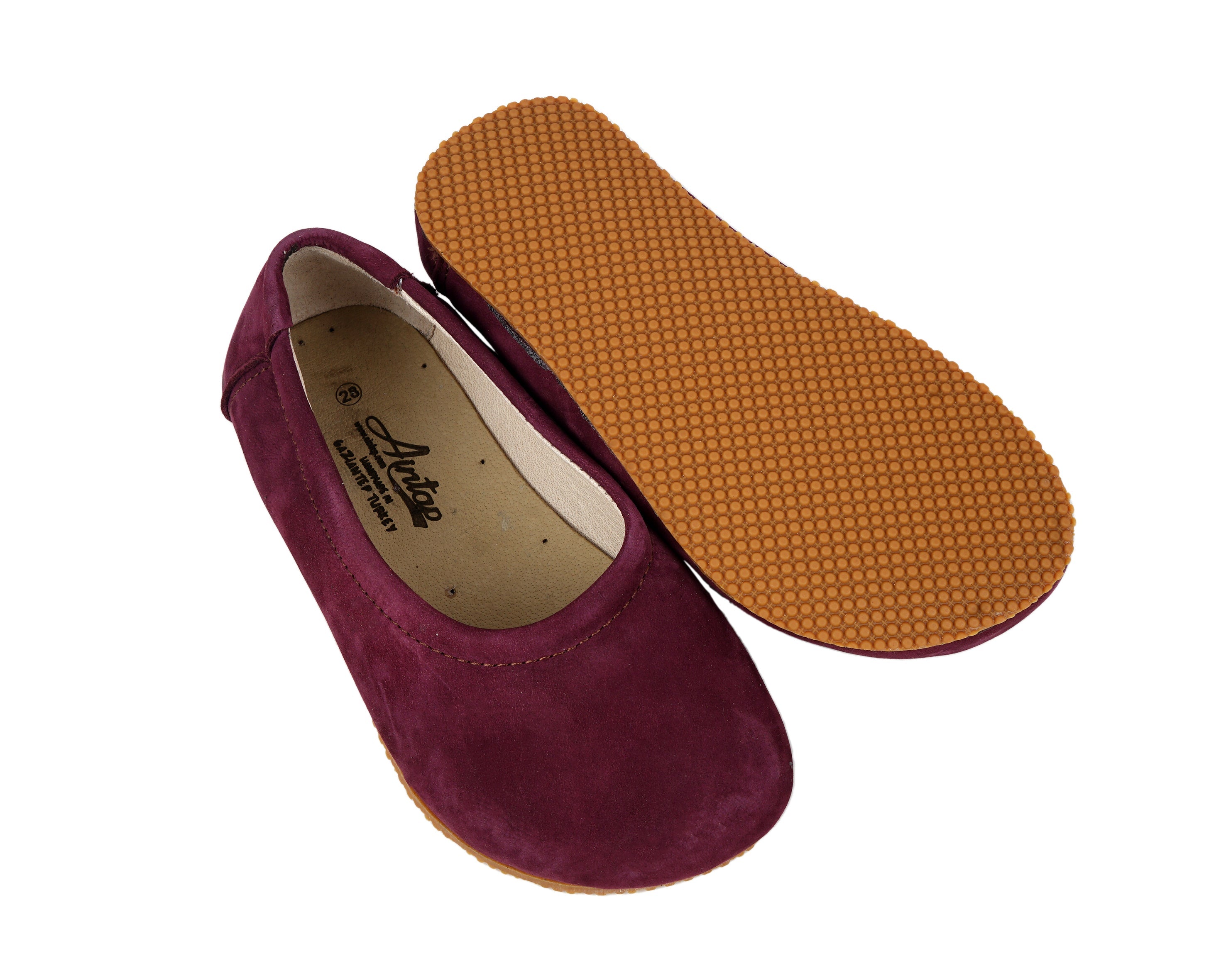 Burgundy Kids Flat Ballet Wide Barefoot Shoes Nubuck Leather Handmade Leather & Rubber Sole 