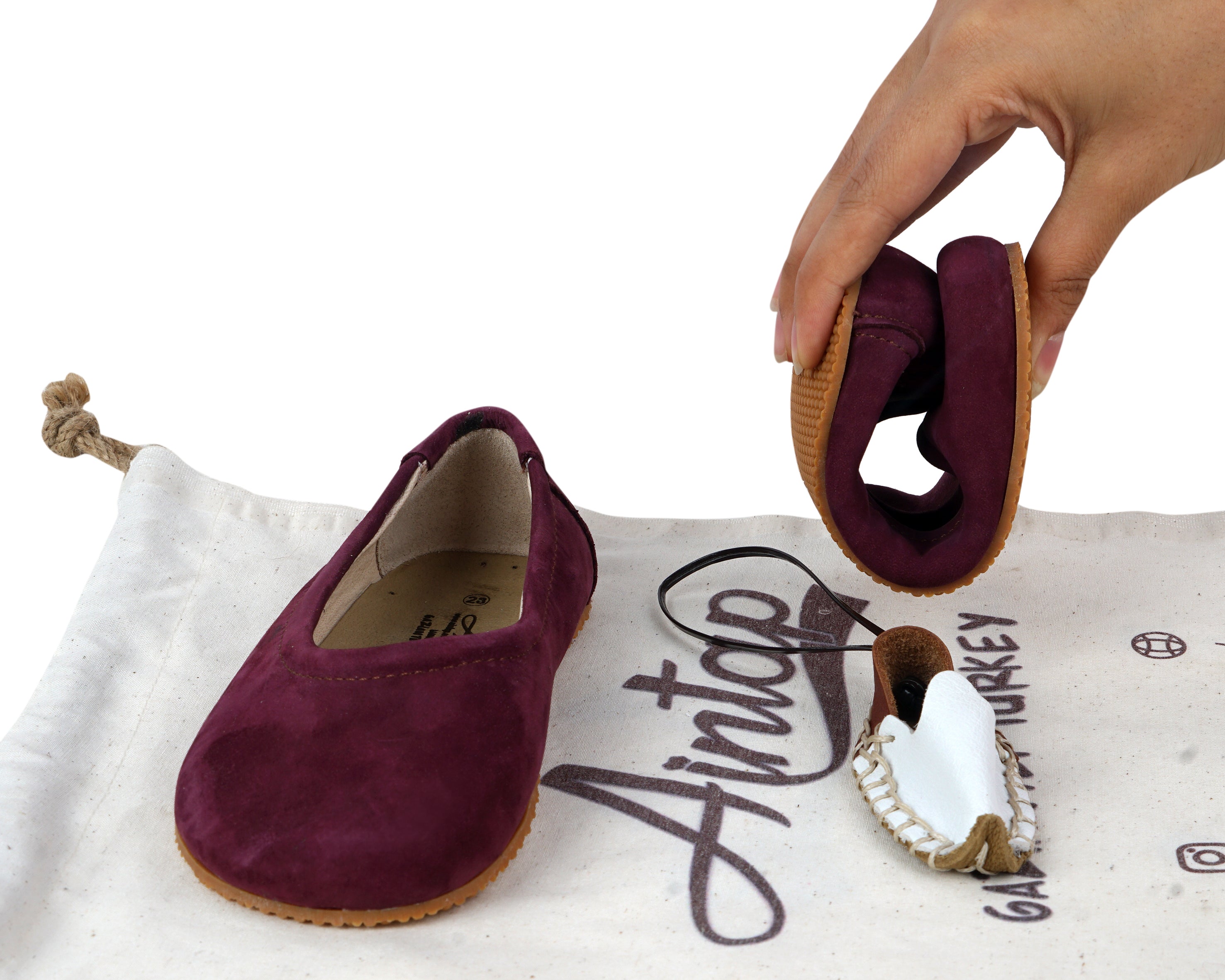 Burgundy Kids Flat Ballet Wide Barefoot Shoes Nubuck Leather Handmade Leather & Rubber Sole 