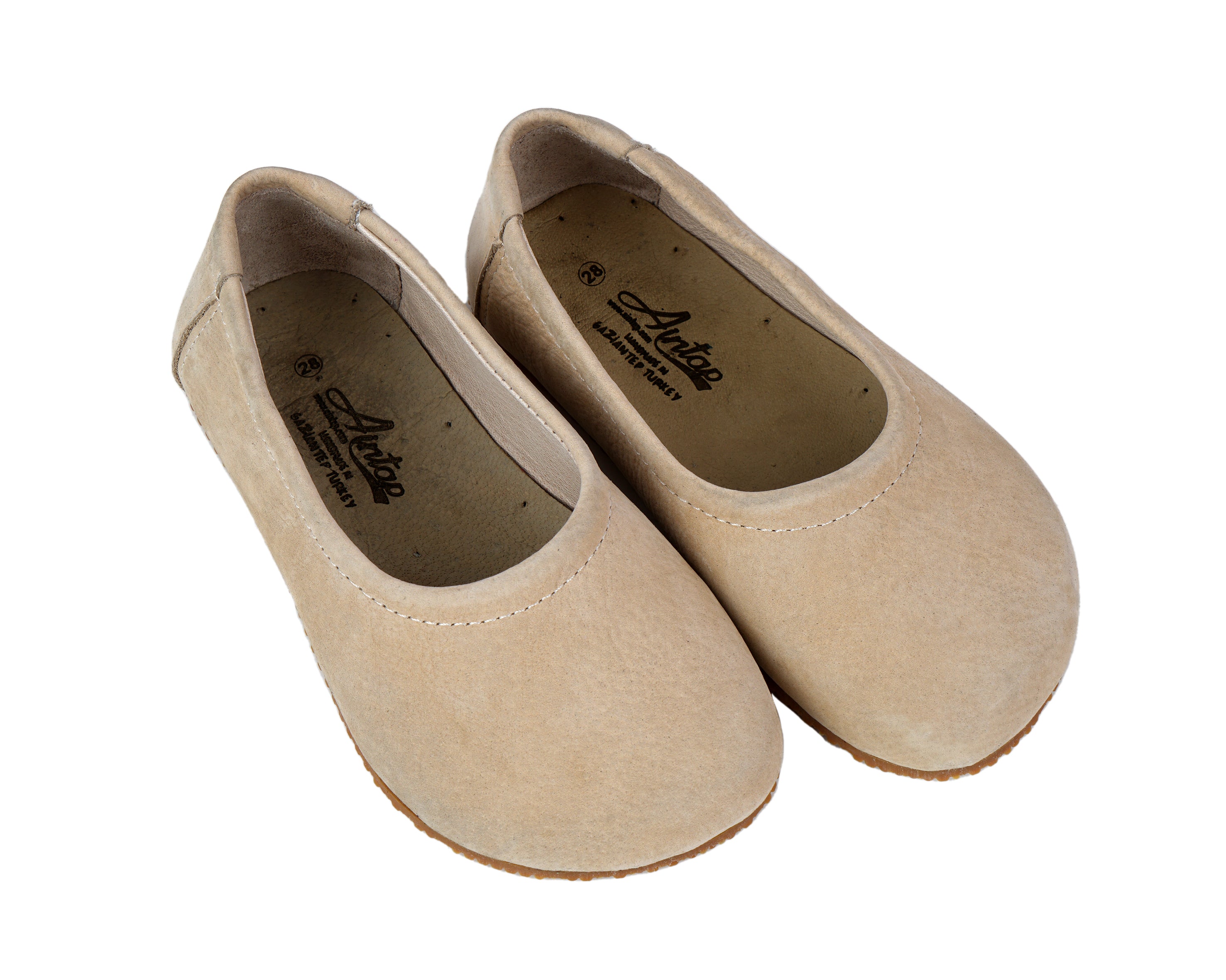 Cream Kids Flat Ballet Wide Barefoot Shoes Nubuck Leather Handmade Leather & Rubber Sole 