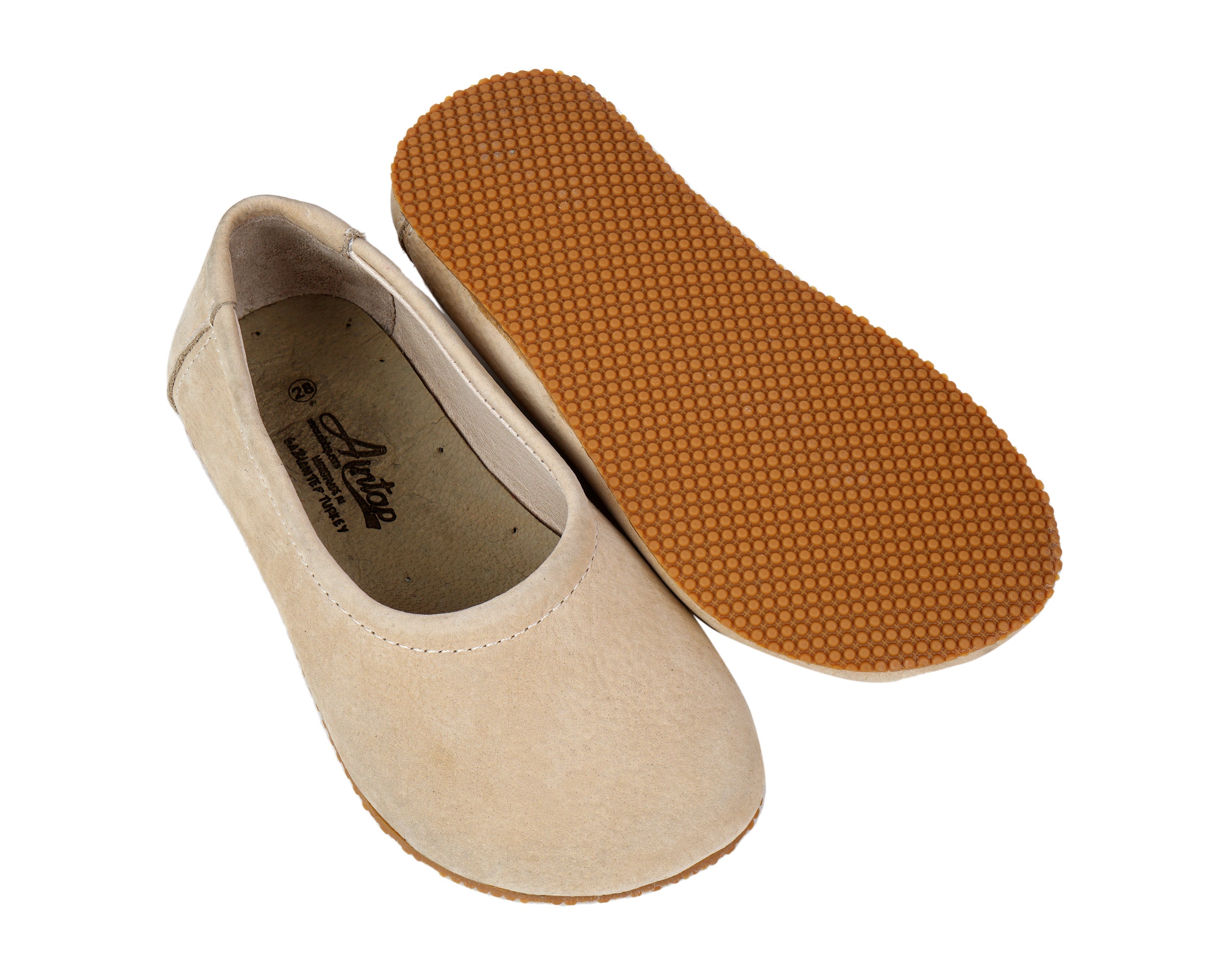 Cream Kids Flat Ballet Wide Barefoot Shoes Nubuck Leather Handmade Leather & Rubber Sole 