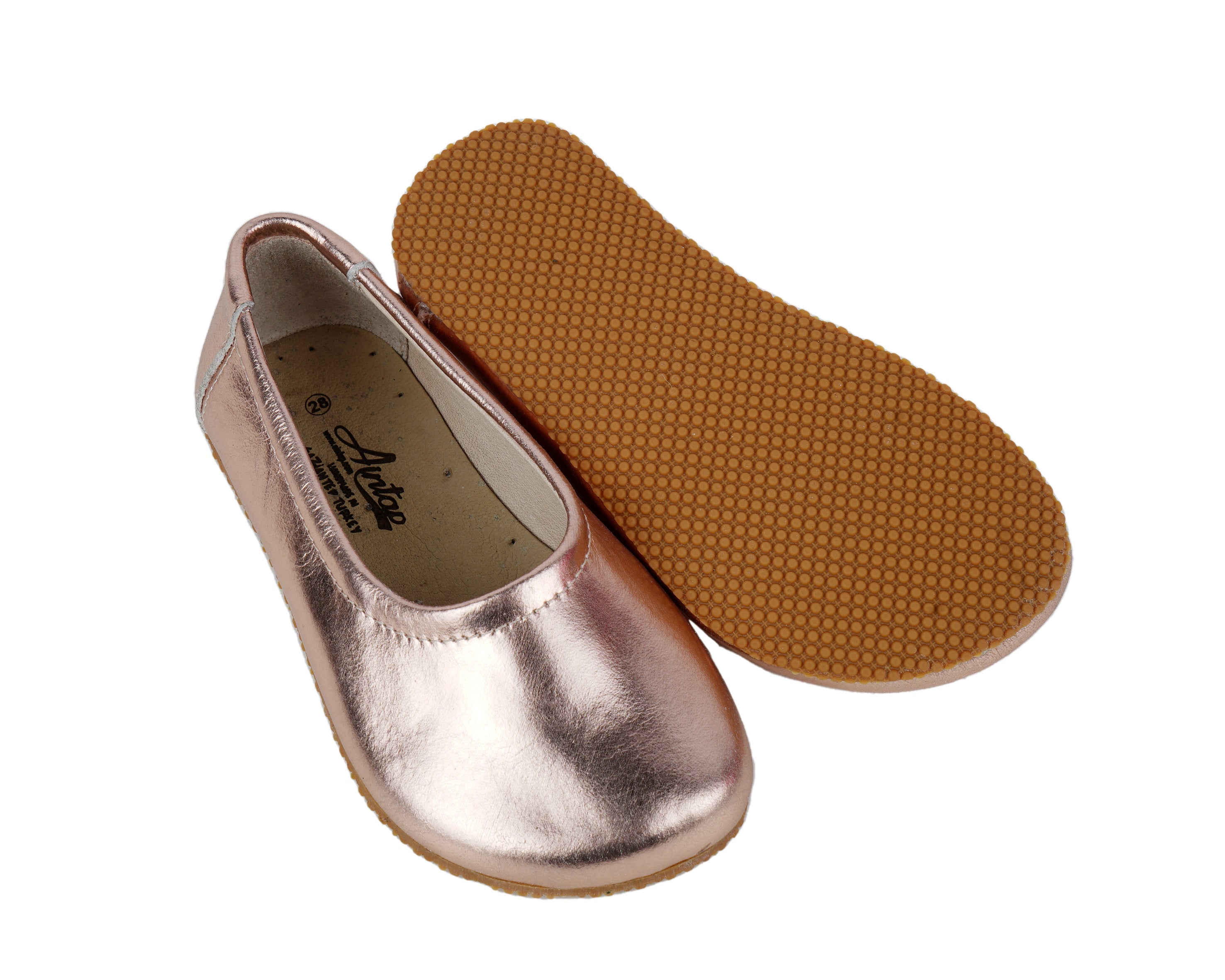 Rose Kids Flat Ballet Wide Barefoot Shoes Smooth Leather Handmade Leather & Rubber Sole 