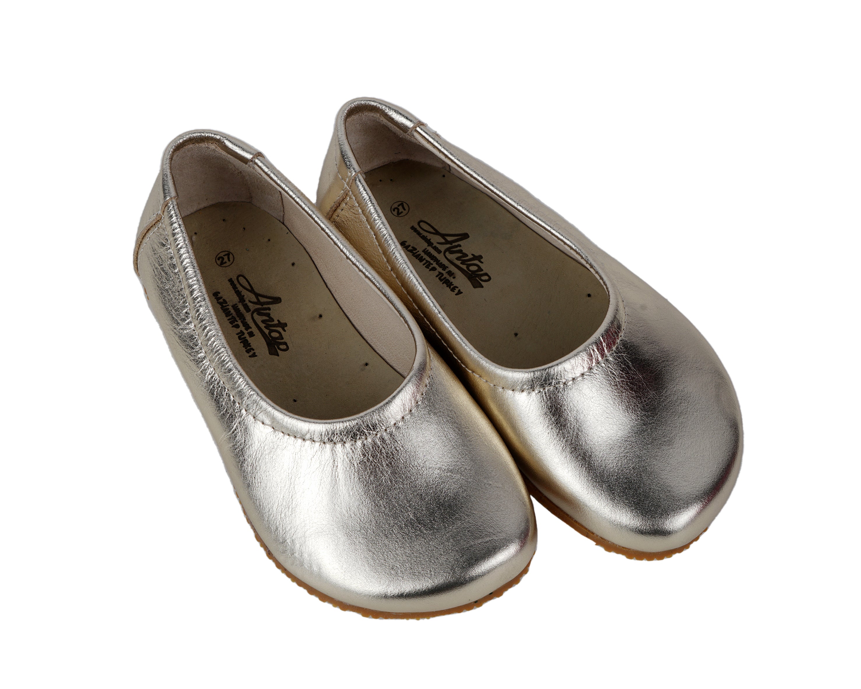 Gold Kids Flat Ballet Wide Barefoot Shoes Smooth Leather Handmade Leather & Rubber Sole 