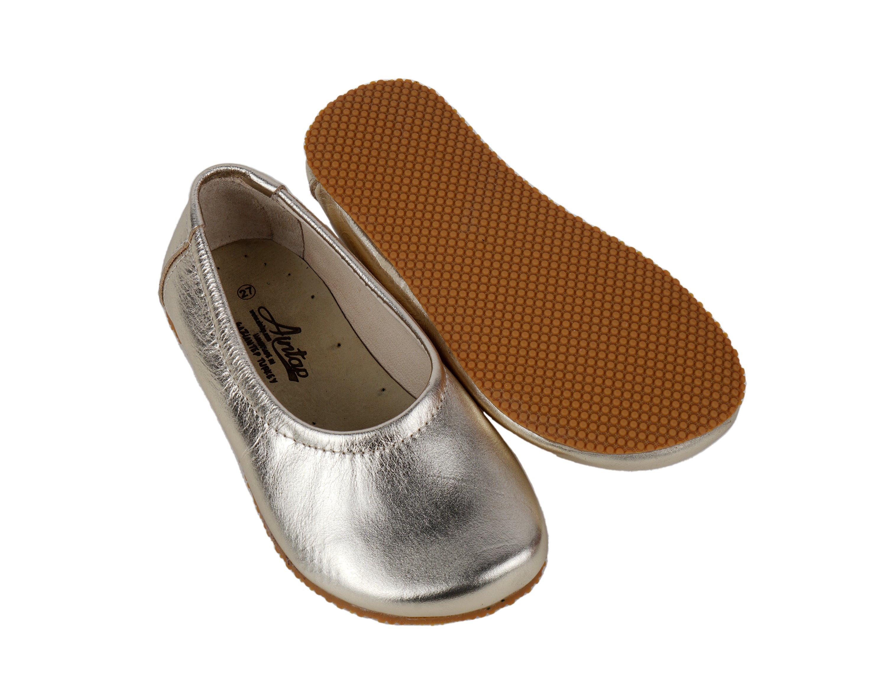 Gold Kids Flat Ballet Wide Barefoot Shoes Smooth Leather Handmade Leather & Rubber Sole 