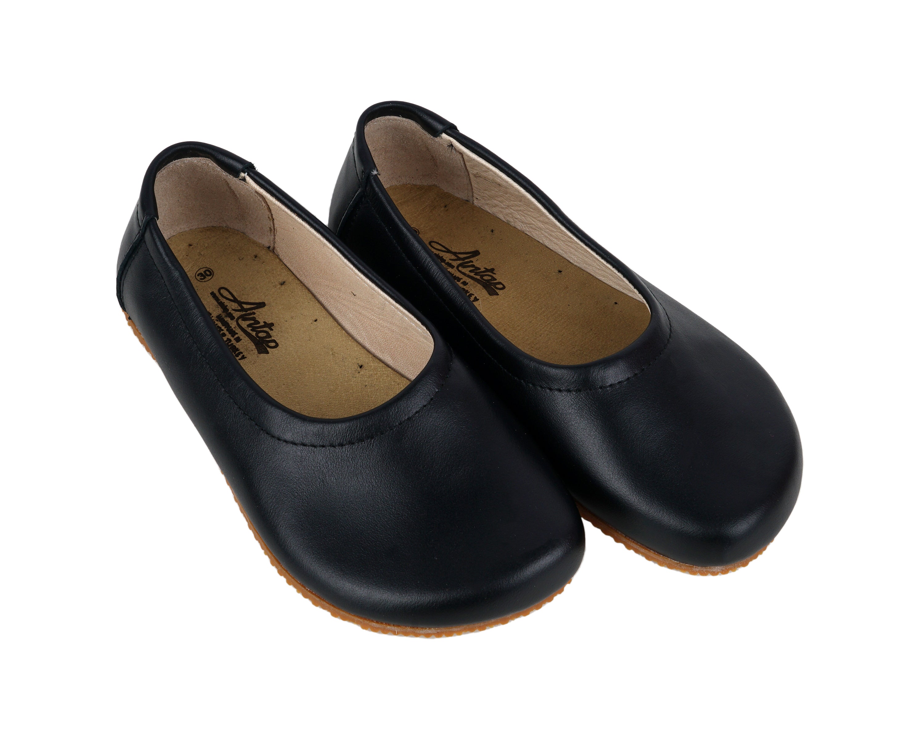 Black Kids Flat Ballet Wide Barefoot Shoes Smooth Leather Handmade Leather & Rubber Sole 