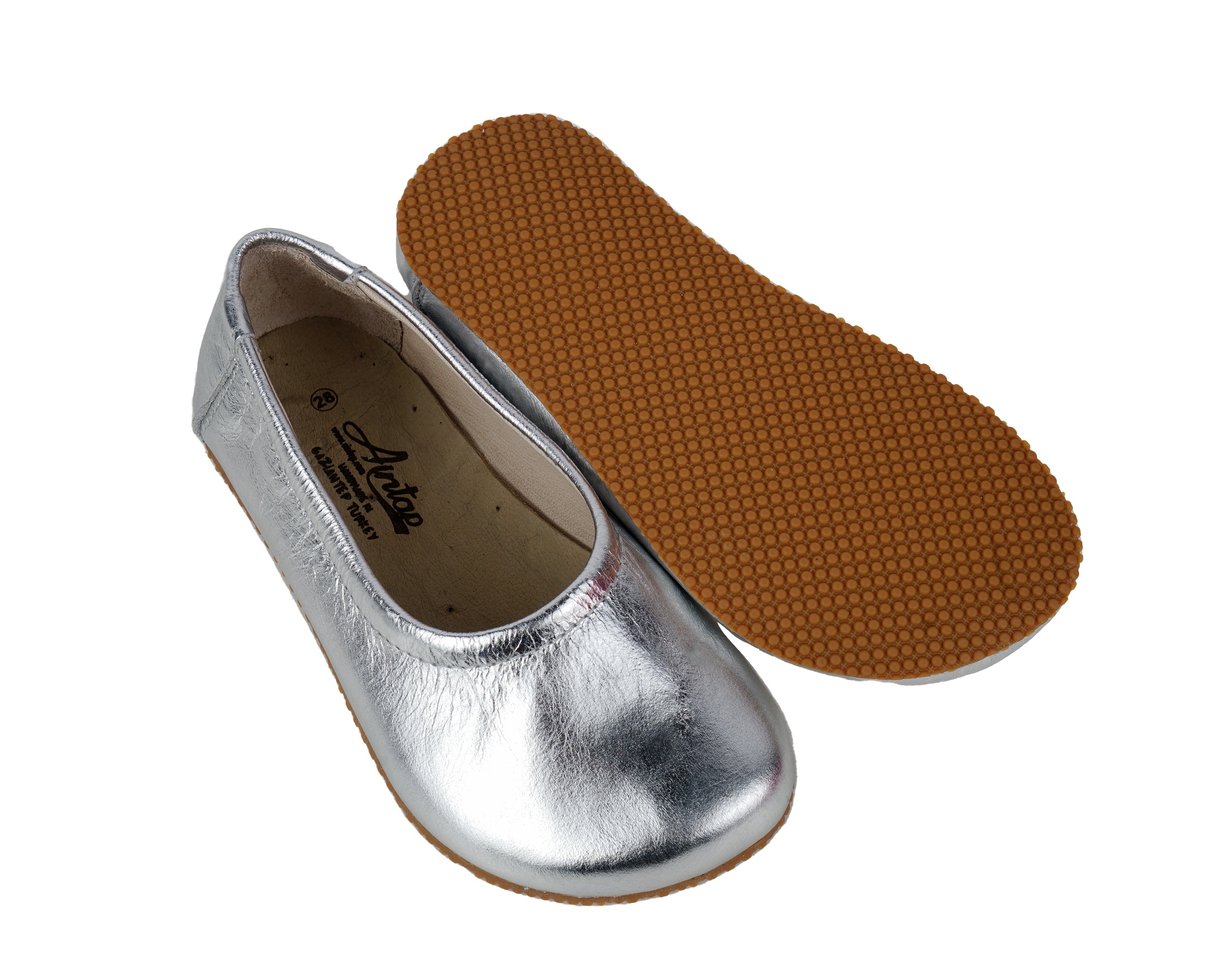 Sılver Kids Flat Ballet Wide Barefoot Shoes Smooth Leather Handmade Leather & Rubber Sole 