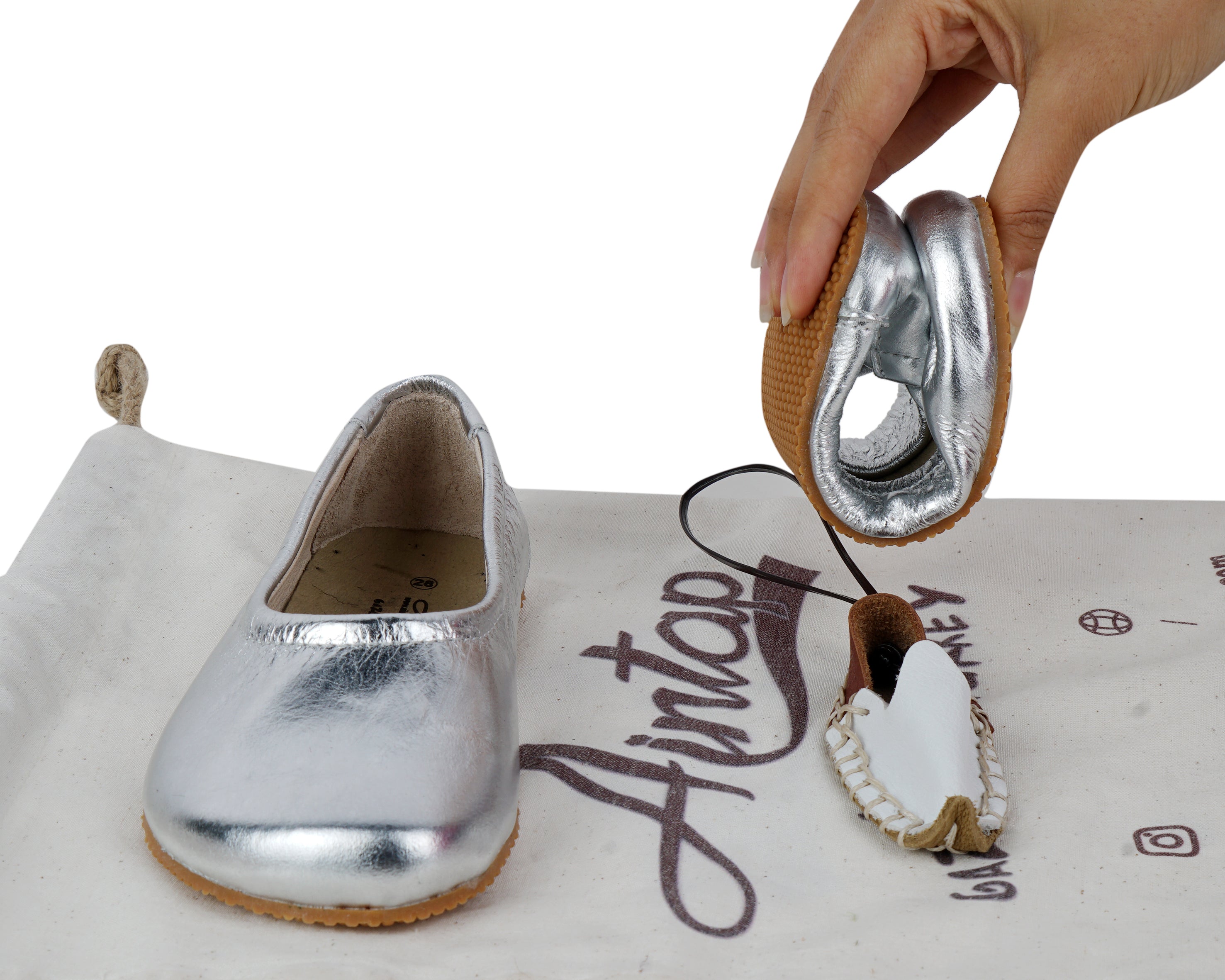 Sılver Kids Flat Ballet Wide Barefoot Shoes Smooth Leather Handmade Leather & Rubber Sole 
