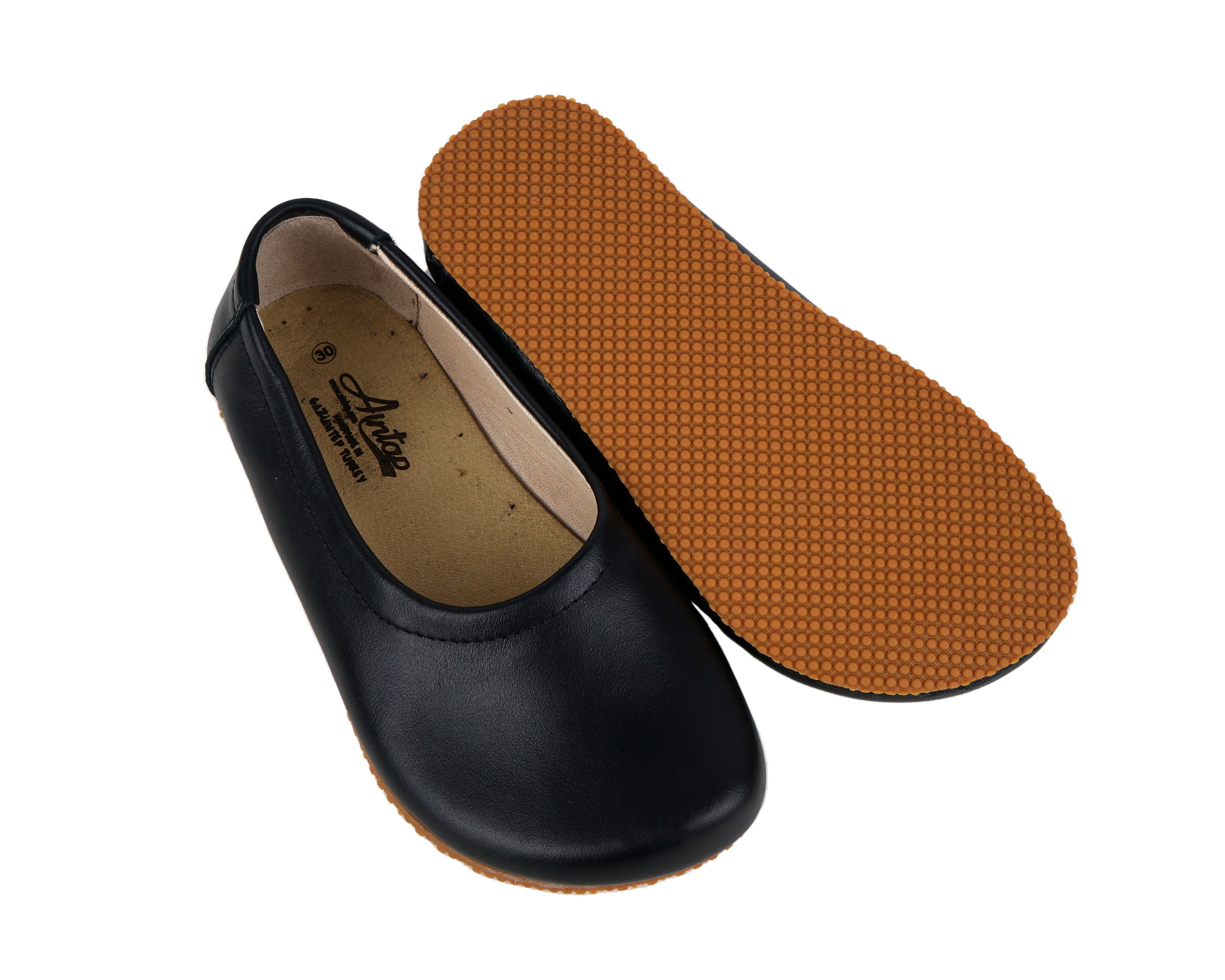 Black Kids Flat Ballet Wide Barefoot Shoes Smooth Leather Handmade Leather & Rubber Sole 