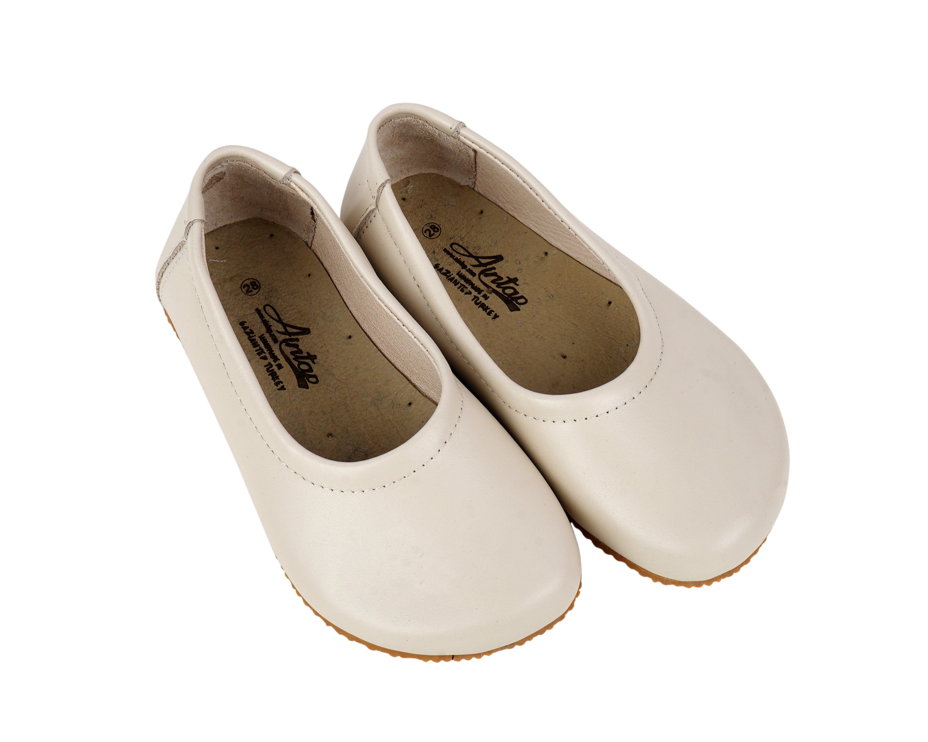 Cream Kids Flat Ballet Wide Barefoot Shoes Smooth Leather Handmade Leather & Rubber Sole 