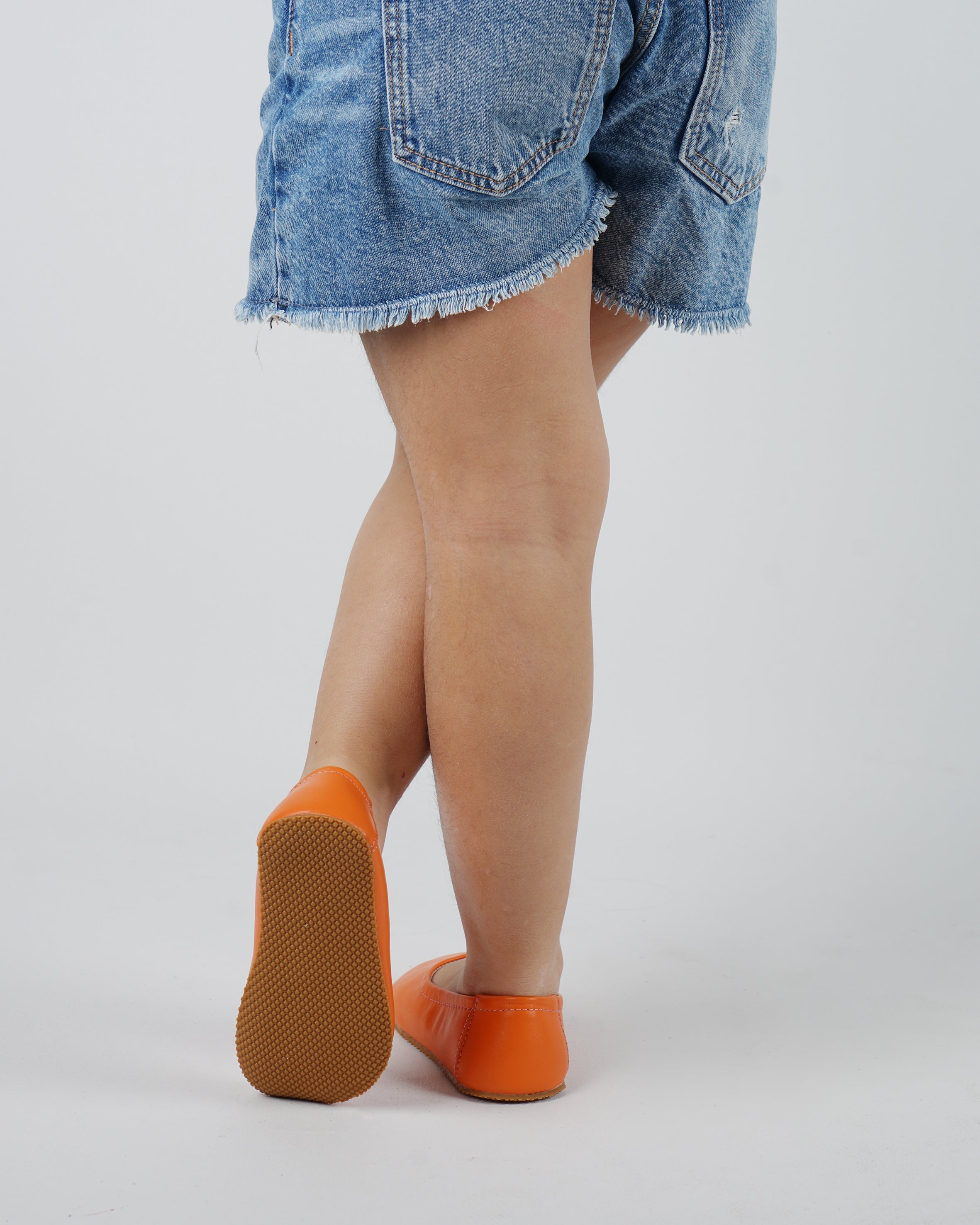 Orange Kids Flat Ballet Wide Barefoot Shoes Smooth Leather Handmade Leather & Rubber Sole 