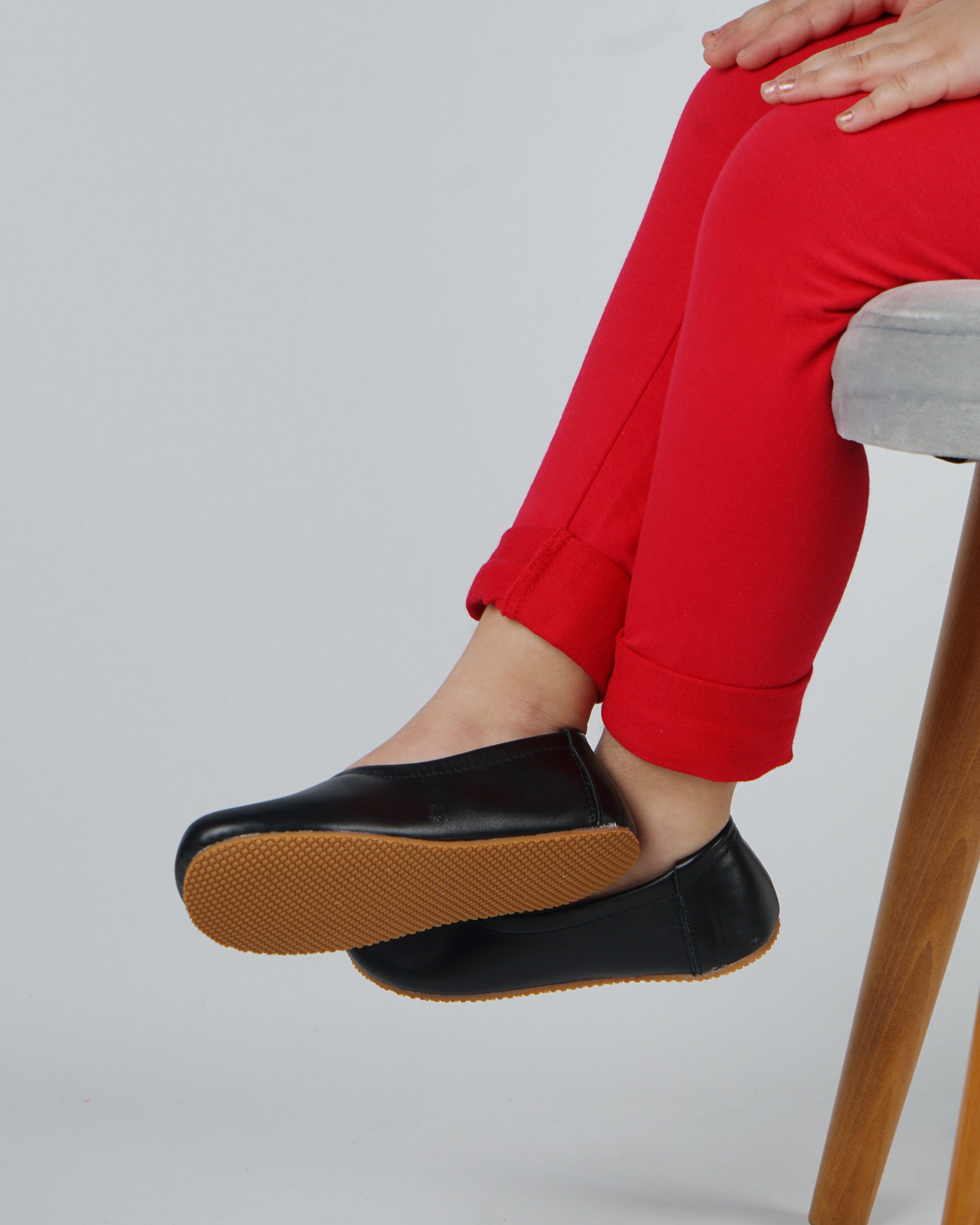 Black Kids Flat Ballet Wide Barefoot Shoes Smooth Leather Handmade Leather & Rubber Sole 
