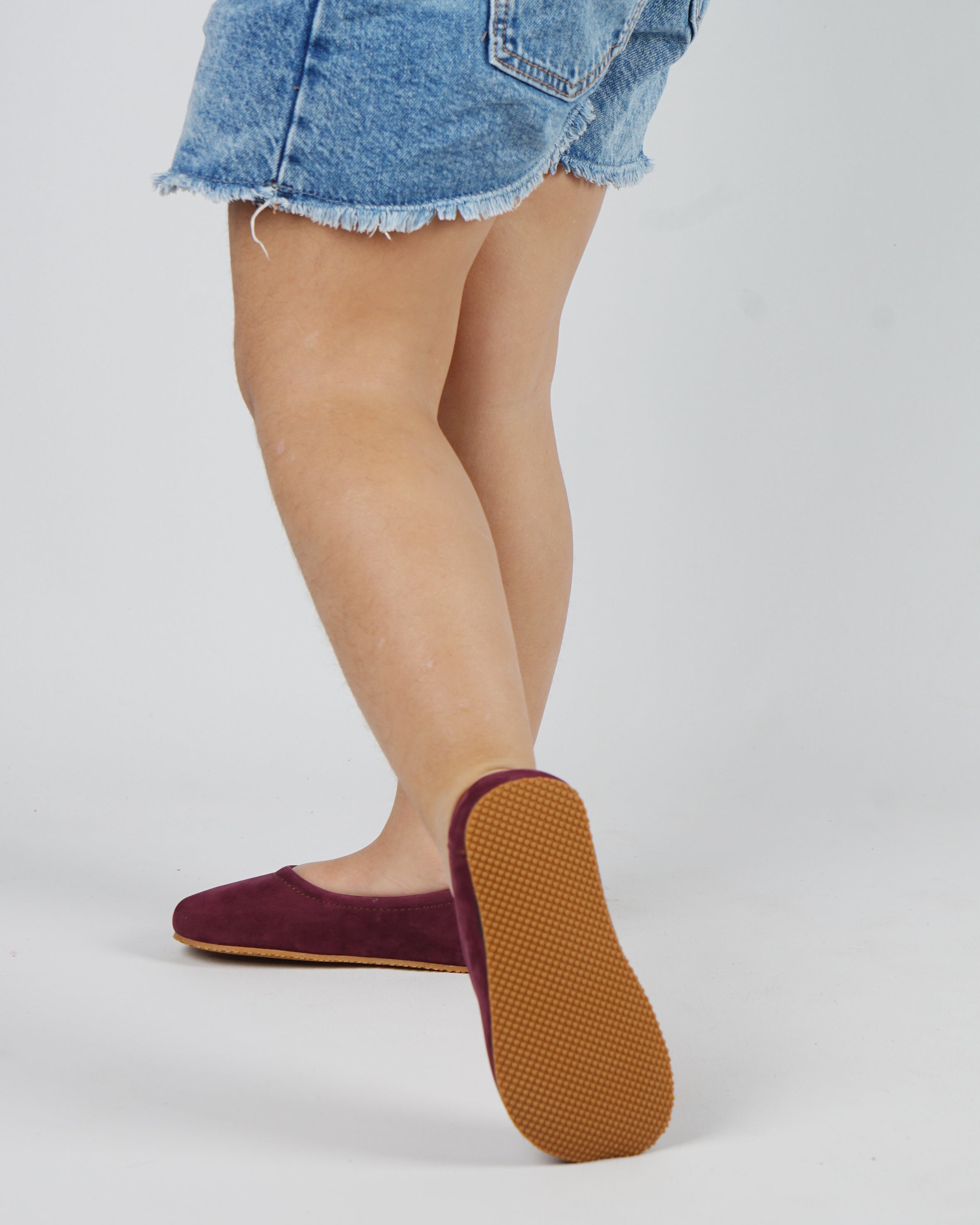 Burgundy Kids Flat Ballet Wide Barefoot Shoes Nubuck Leather Handmade Leather & Rubber Sole 