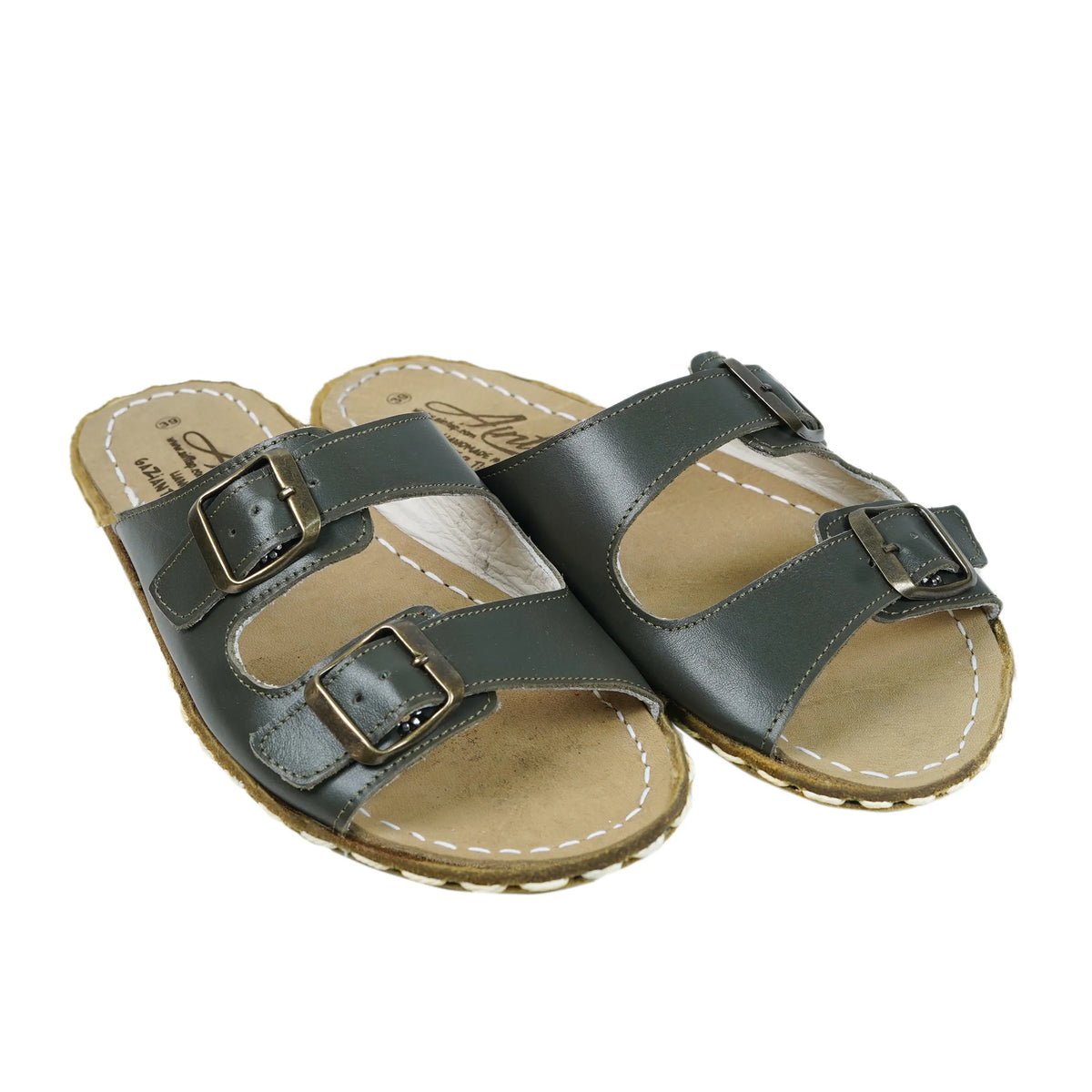 Smooth Barefoot Double Strap Sandals Shoes — Leather Sole – Olive Green