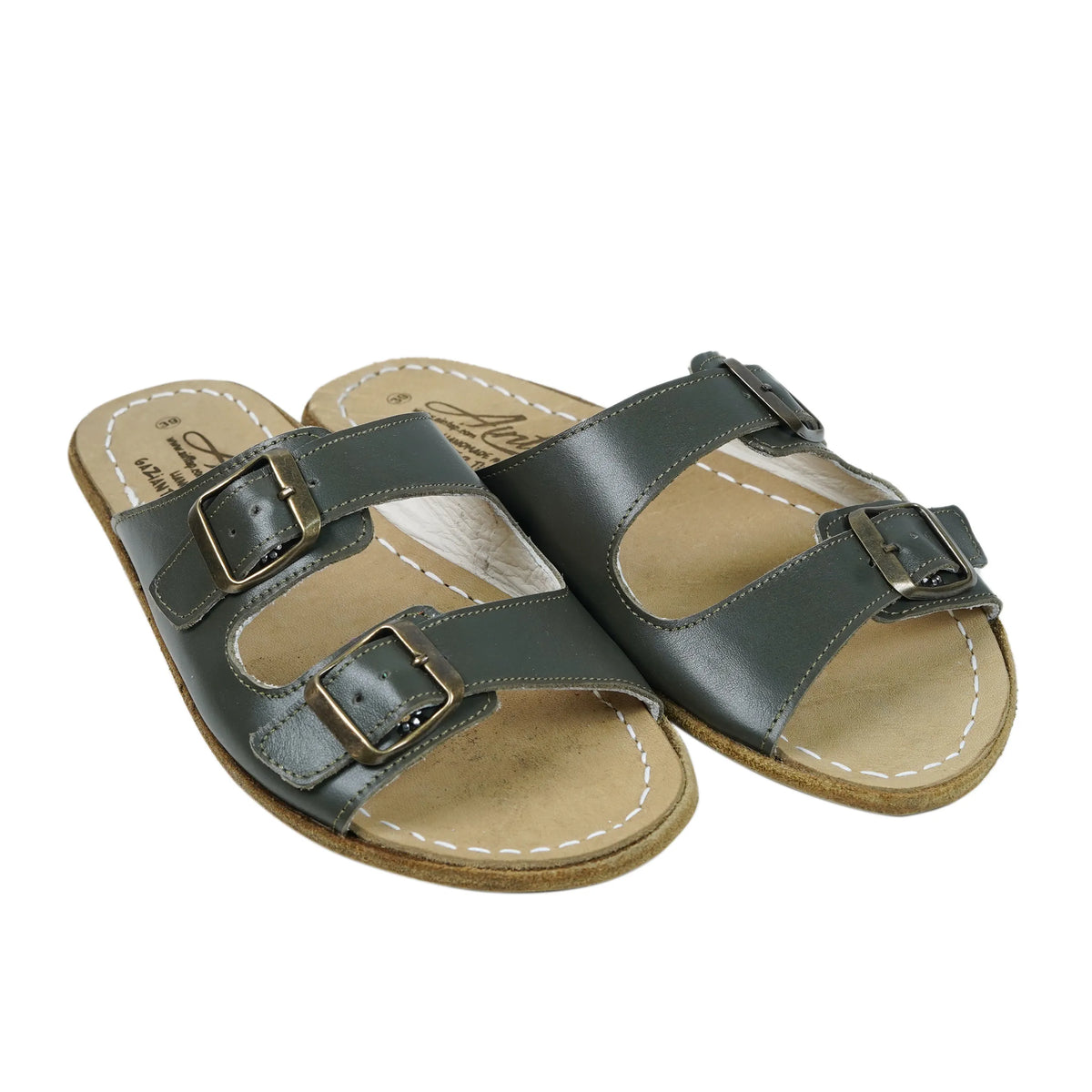 Smooth Barefoot Double Strap Sandals Shoes – Classic Sole — Leather Sole – Olive Green