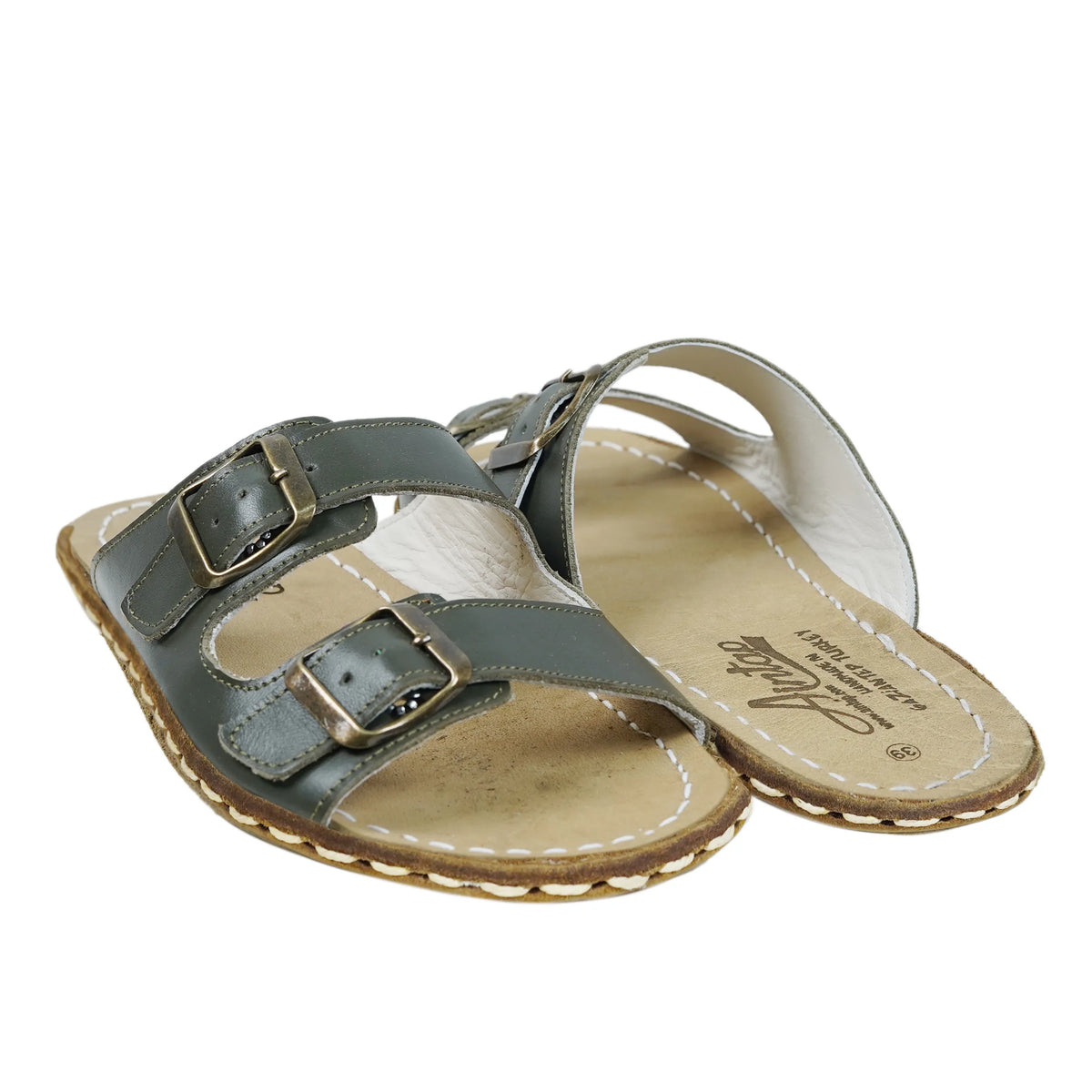 Smooth Barefoot Double Strap Sandals Shoes — Leather Sole – Olive Green