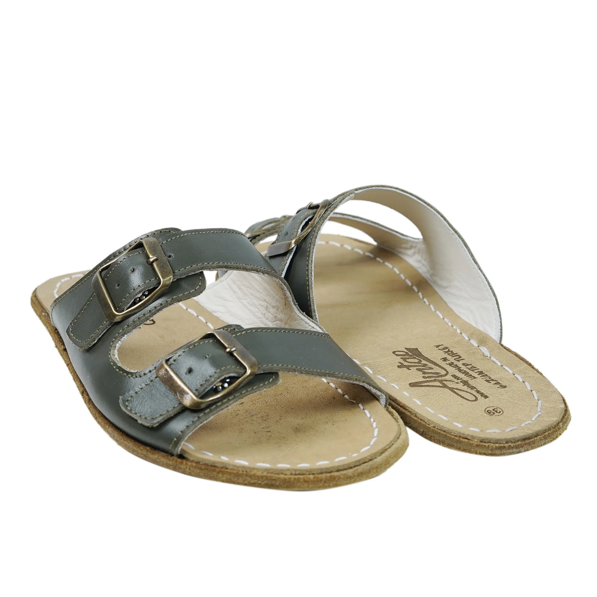 Smooth Barefoot Double Strap Sandals Shoes – Classic Sole — Leather Sole – Olive Green