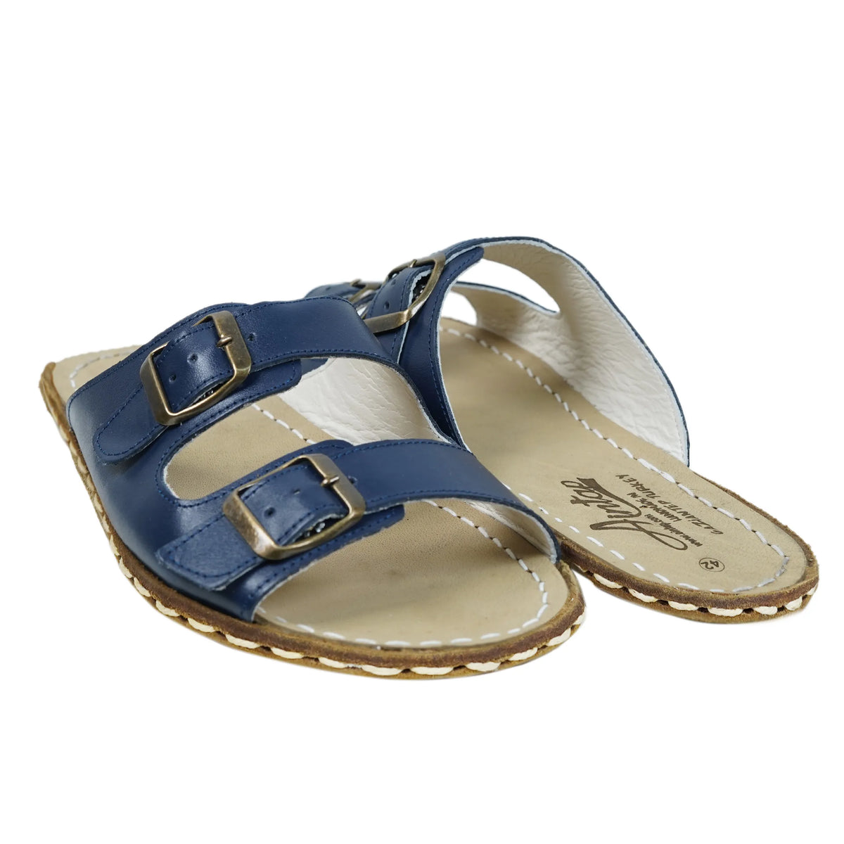 Smooth Barefoot Double Strap Sandals Shoes — Leather Sole – Navy Blue