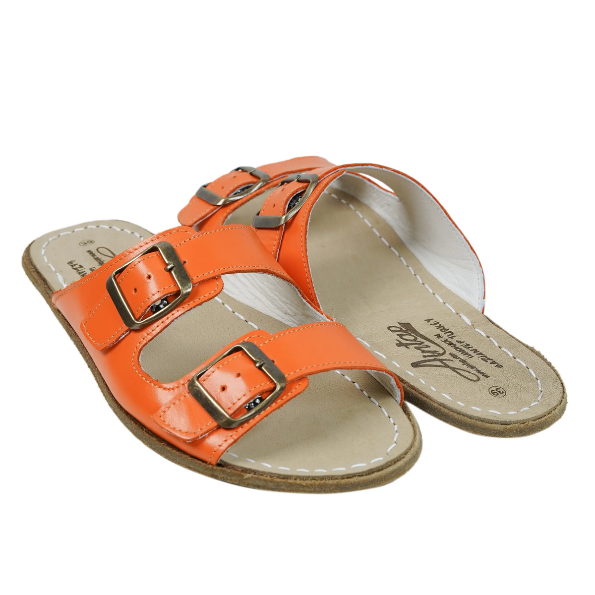 Smooth Barefoot Double Strap Sandals Shoes – Classic Sole — Leather Sole – Orange