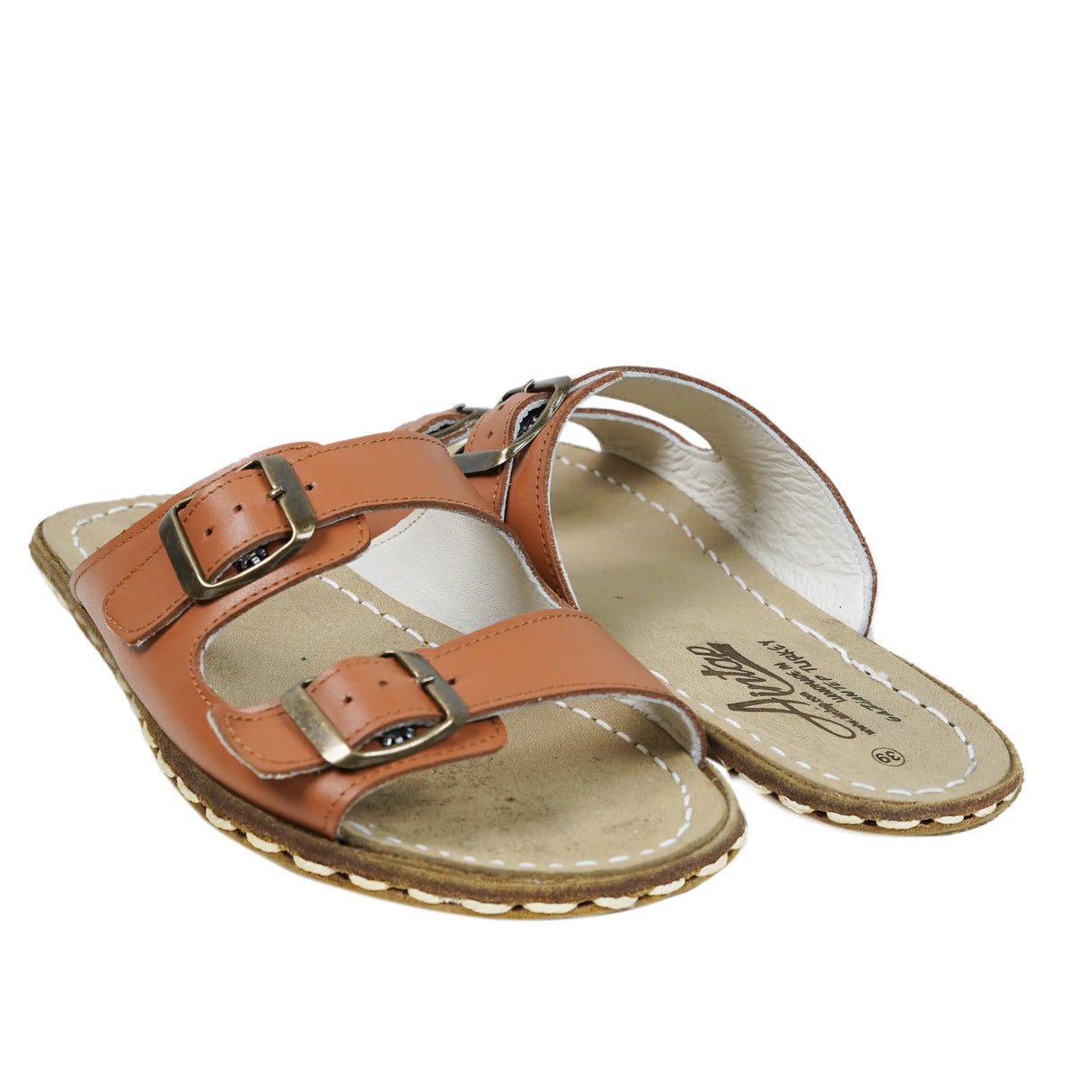 Smooth Barefoot Double Strap Sandals Shoes — Leather Sole – Tan
