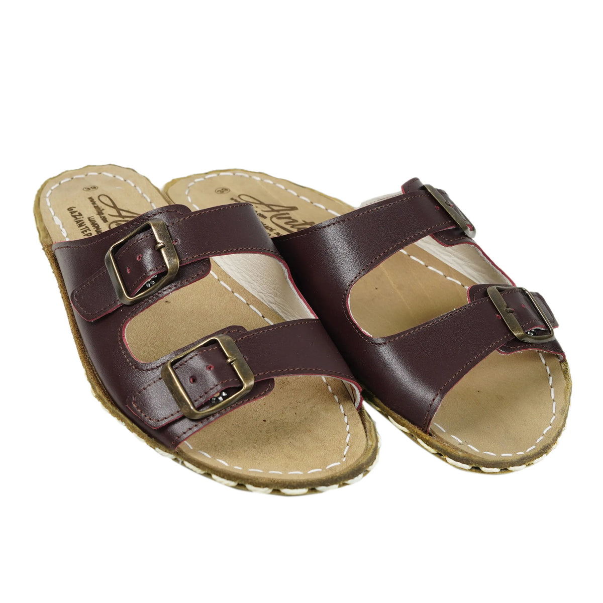Smooth Barefoot Double Strap Sandals Shoes — Leather Sole – Burgundy