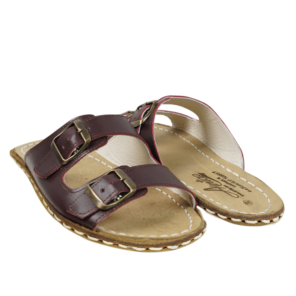 Smooth Barefoot Double Strap Sandals Shoes — Leather Sole – Burgundy
