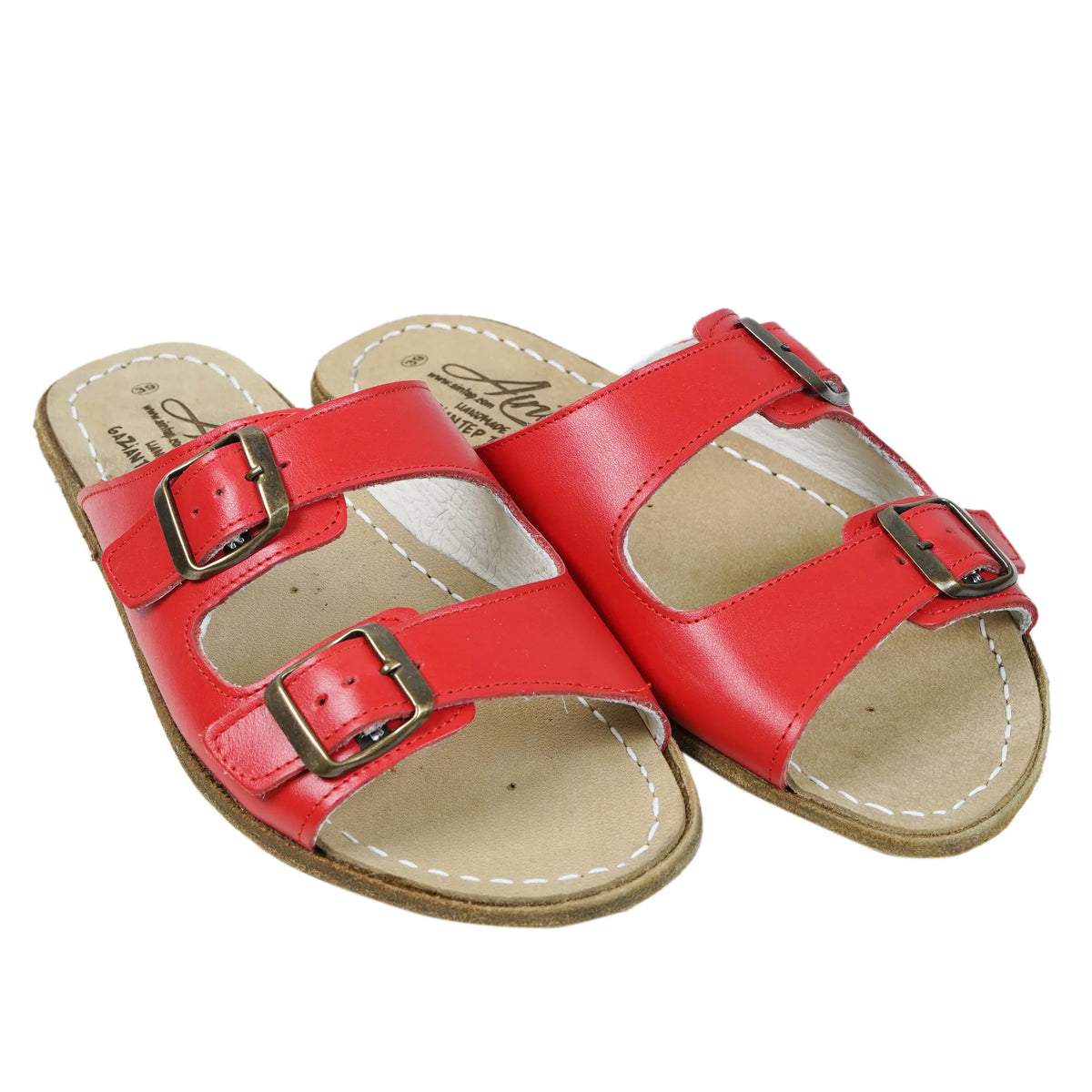Smooth Barefoot Double Strap Sandals Shoes – Classic Sole — Leather Sole – Red