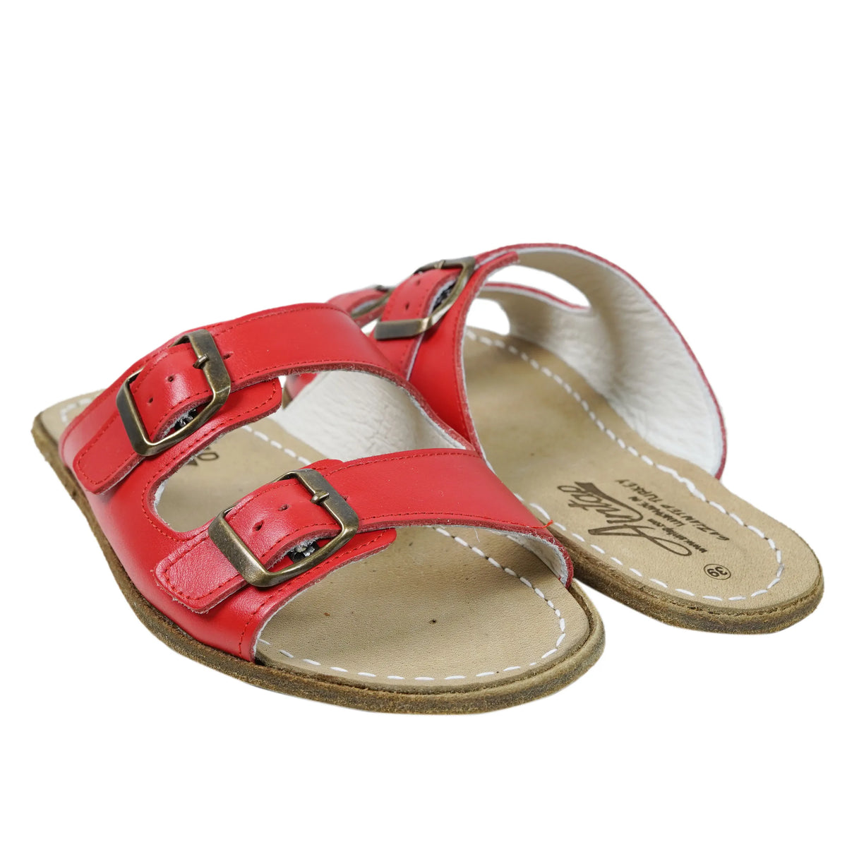 Smooth Barefoot Double Strap Sandals Shoes – Classic Sole — Leather Sole – Red