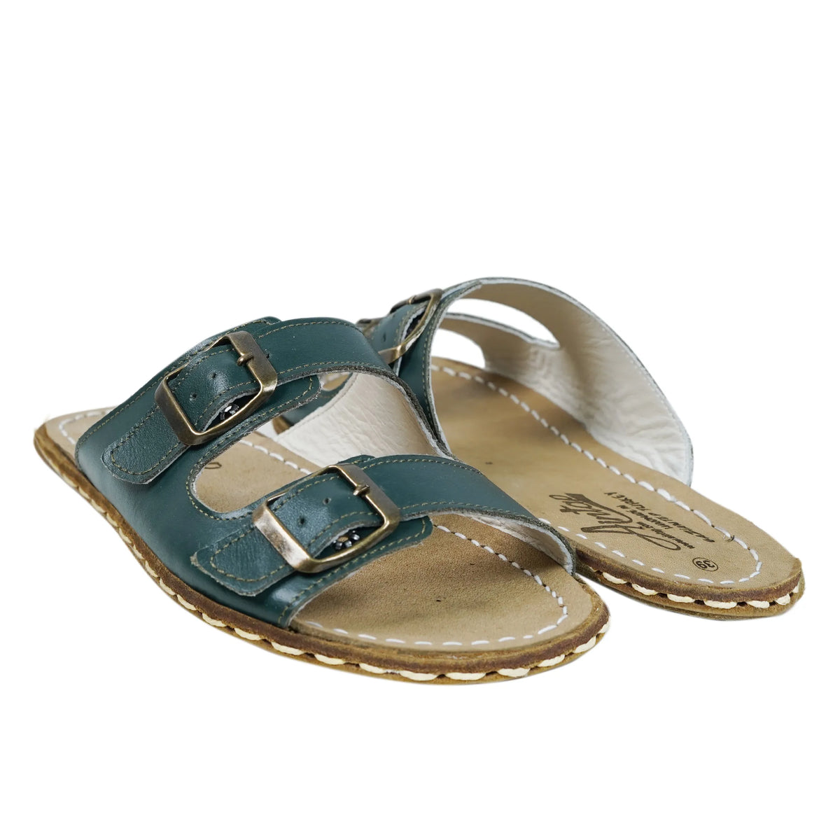 Smooth Barefoot Double Strap Sandals Shoes — Leather Sole – Green