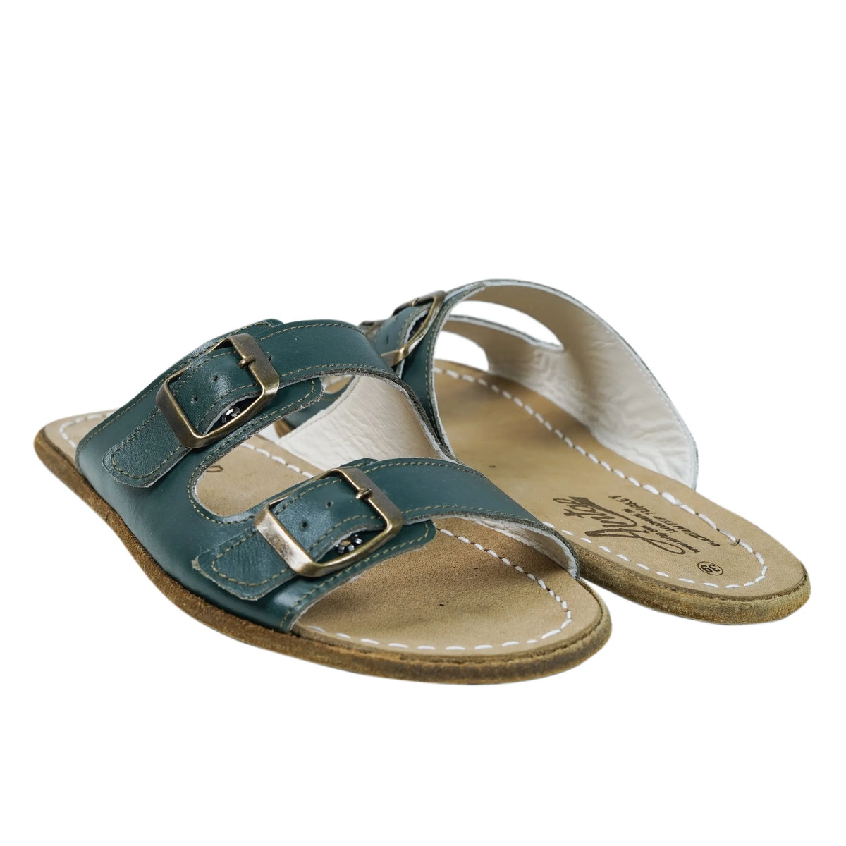 Smooth Barefoot Double Strap Sandals Shoes – Classic Sole — Leather Sole – Green