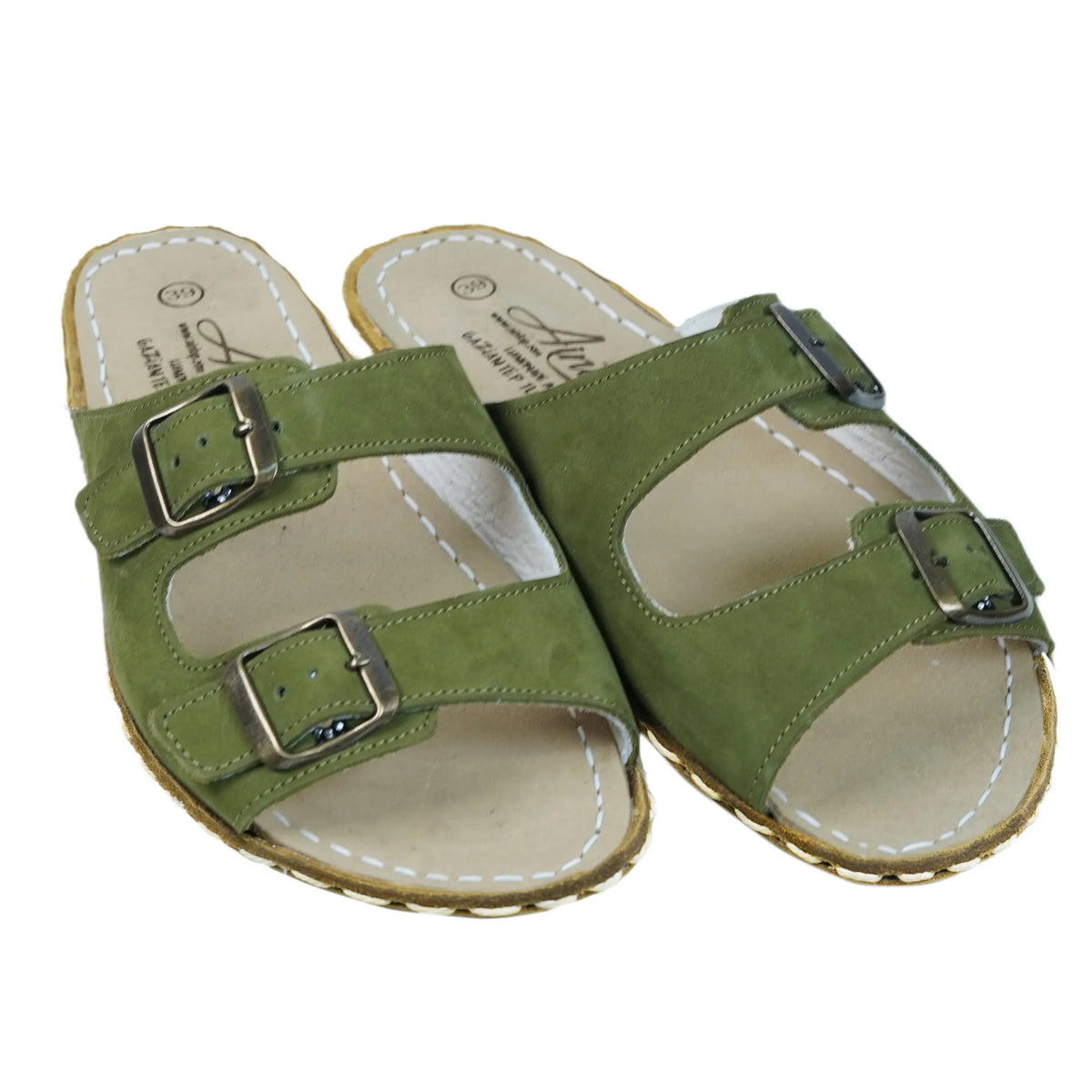 Nubuck Barefoot Double Strap Sandals Shoes — Leather Sole – Green