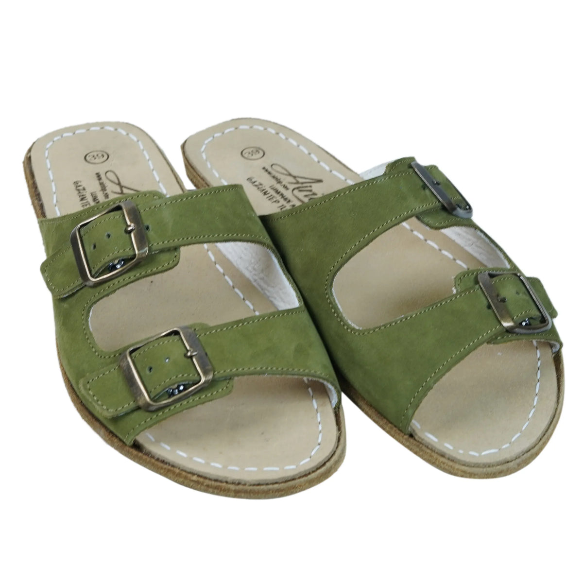 Nubuck Barefoot Double Strap Sandal Shoes – Classic Sole — Leather Sole – Green