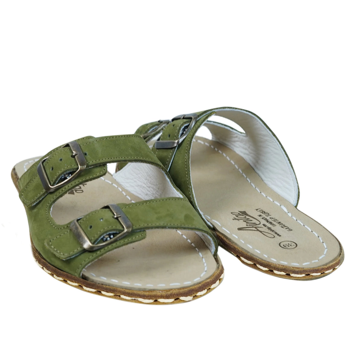 Nubuck Barefoot Double Strap Sandals Shoes — Leather Sole – Green