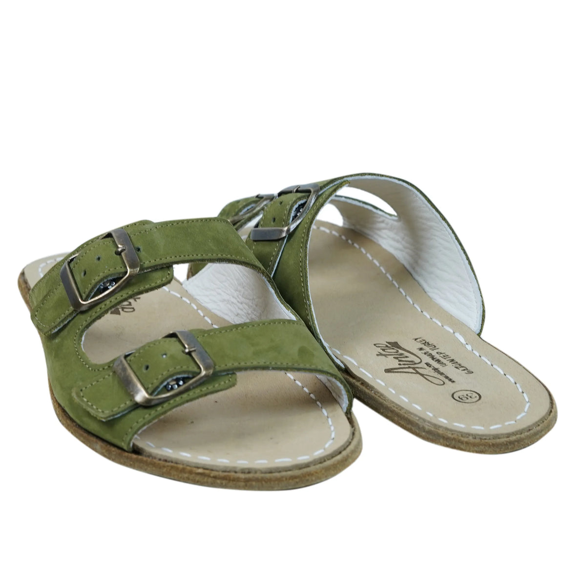 Nubuck Barefoot Double Strap Sandal Shoes – Classic Sole — Leather Sole – Green