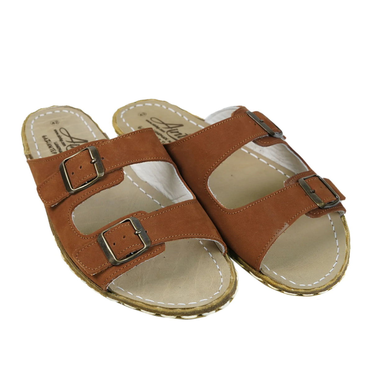 Nubuck Barefoot Double Strap Sandals Shoes — Leather Sole – Tan
