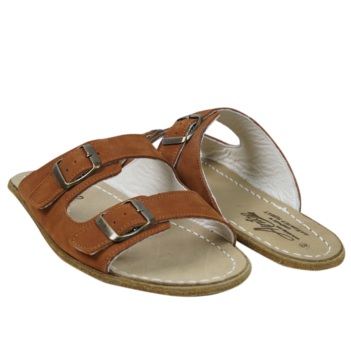 Nubuck Barefoot Double Strap Sandal Shoes – Classic Sole — Leather Sole – Tan