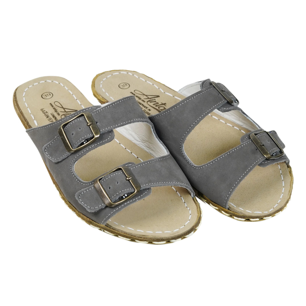 Nubuck Barefoot Double Strap Sandals Shoes — Leather Sole – Gray