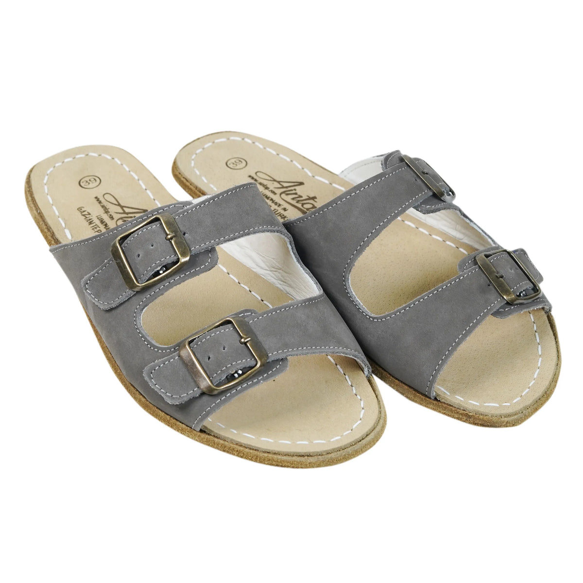 Nubuck Barefoot Double Strap Sandals Shoes – Classic Sole — Leather Sole – Gray