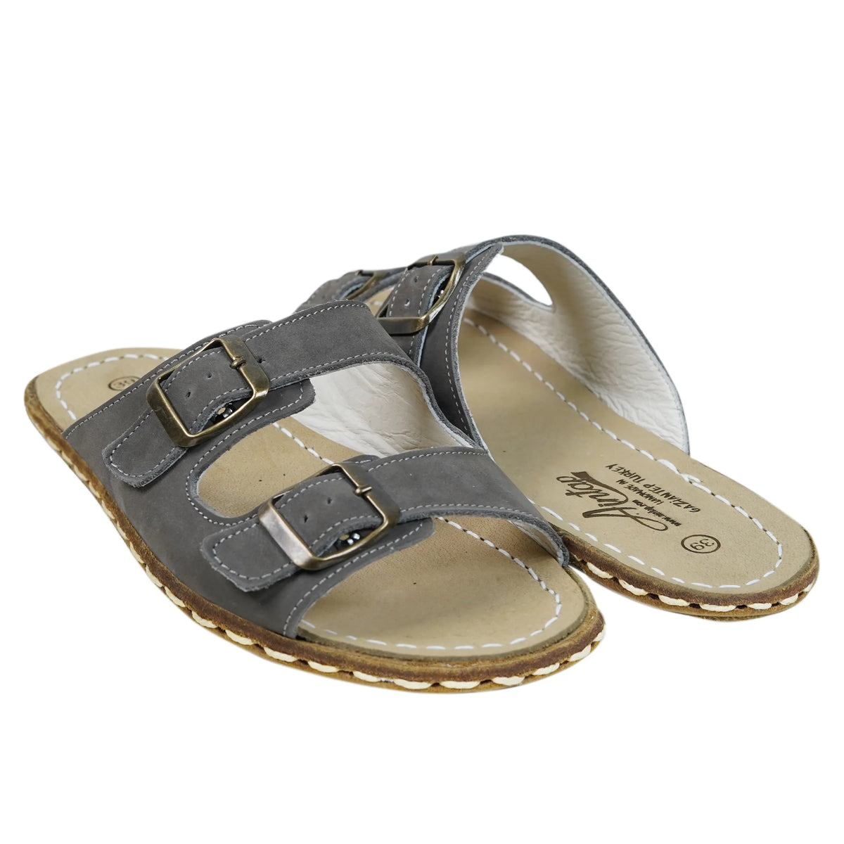 Nubuck Barefoot Double Strap Sandals Shoes — Leather Sole – Gray