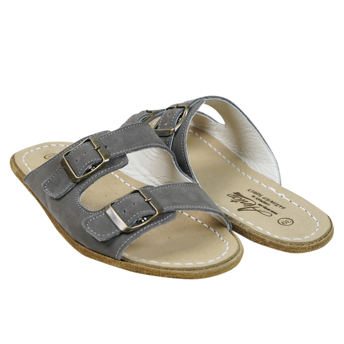 Nubuck Barefoot Double Strap Sandals Shoes – Classic Sole — Leather Sole – Gray