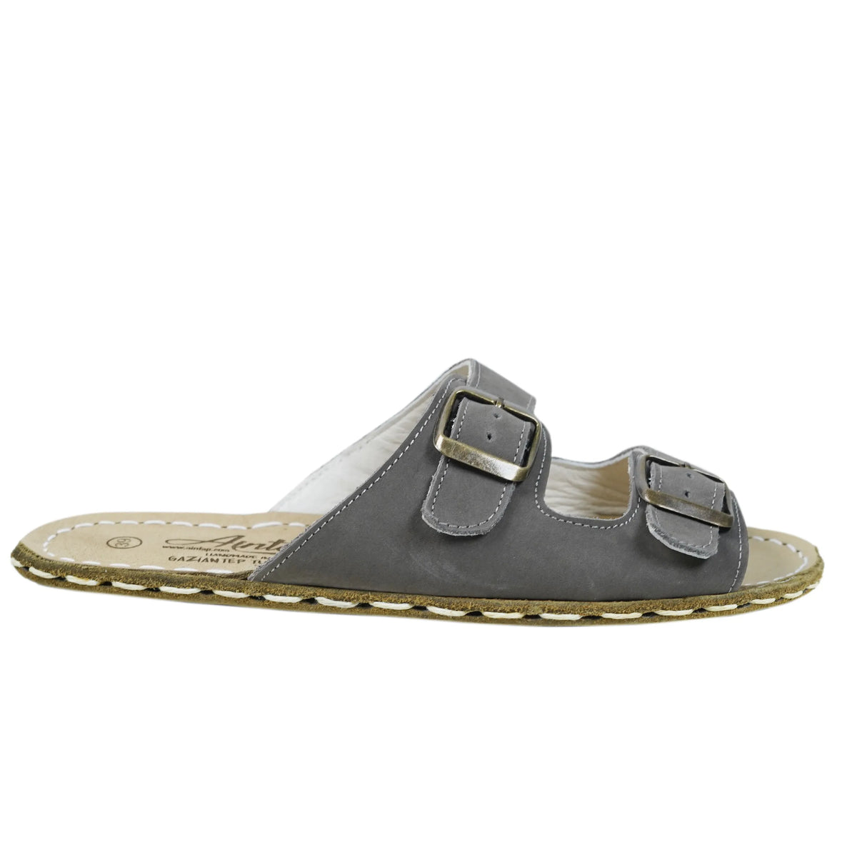 Nubuck Barefoot Double Strap Sandals Shoes — Leather Sole – Gray