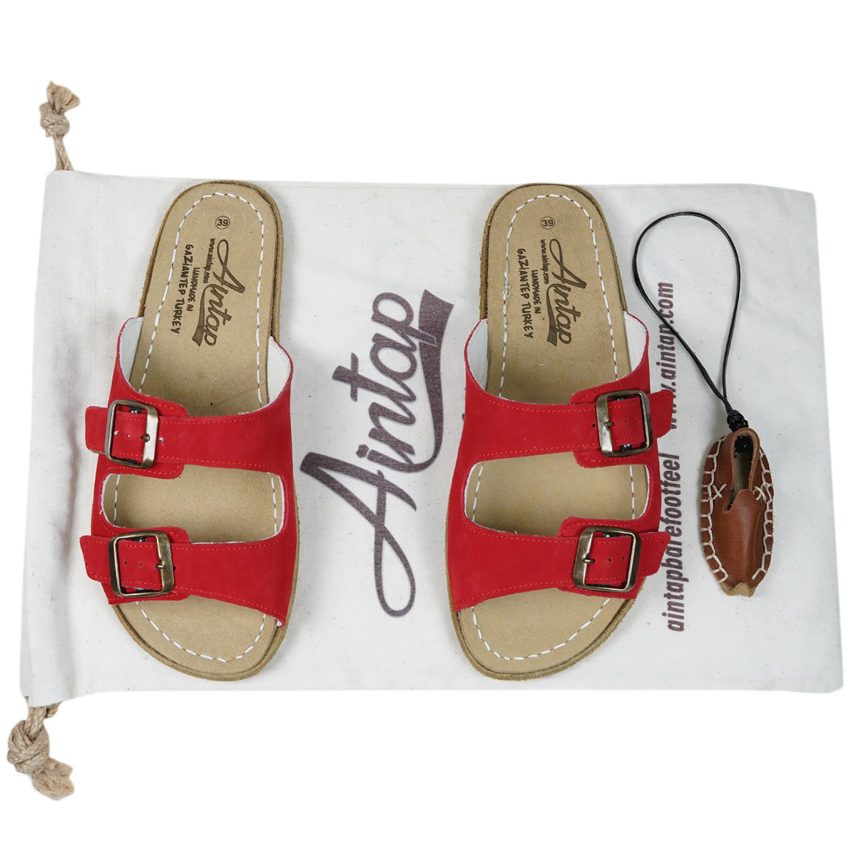 Nubuck Barefoot Double Strap Sandals Shoes — Leather Sole – Red