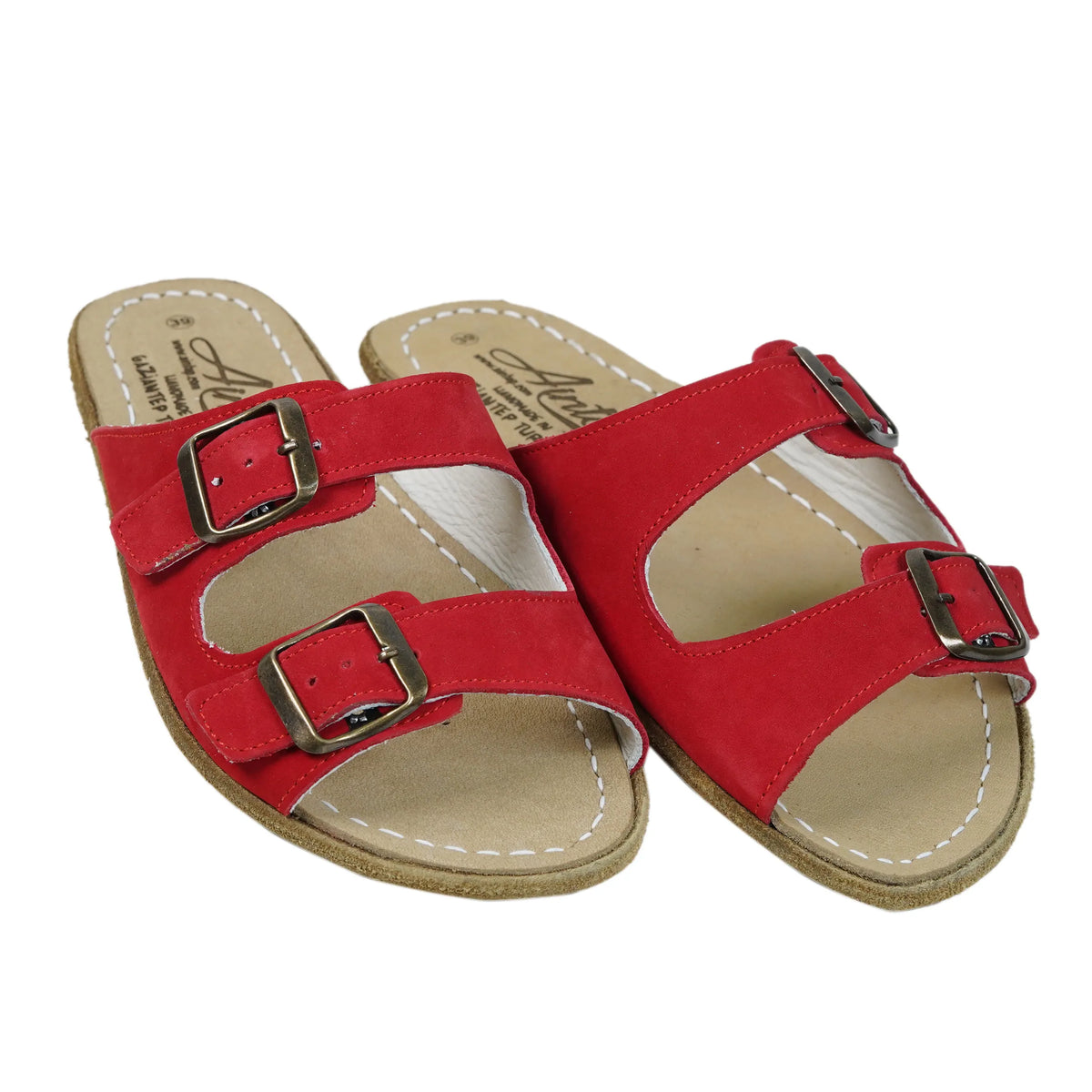 Nubuck Barefoot Double Strap Sandal Shoes – Classic Sole — Leather Sole – Red