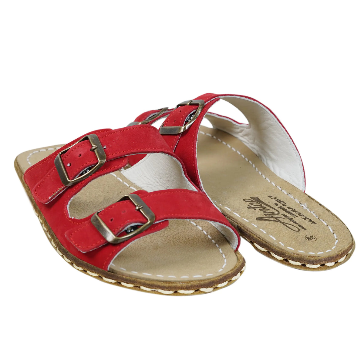 Nubuck Barefoot Double Strap Sandals Shoes — Leather Sole – Red