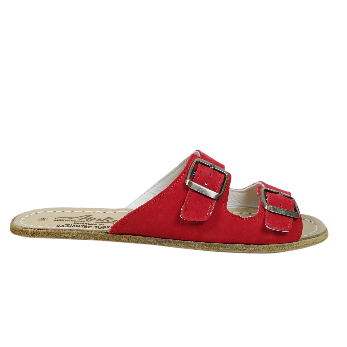 Nubuck Barefoot Double Strap Sandal Shoes – Classic Sole — Leather Sole – Red