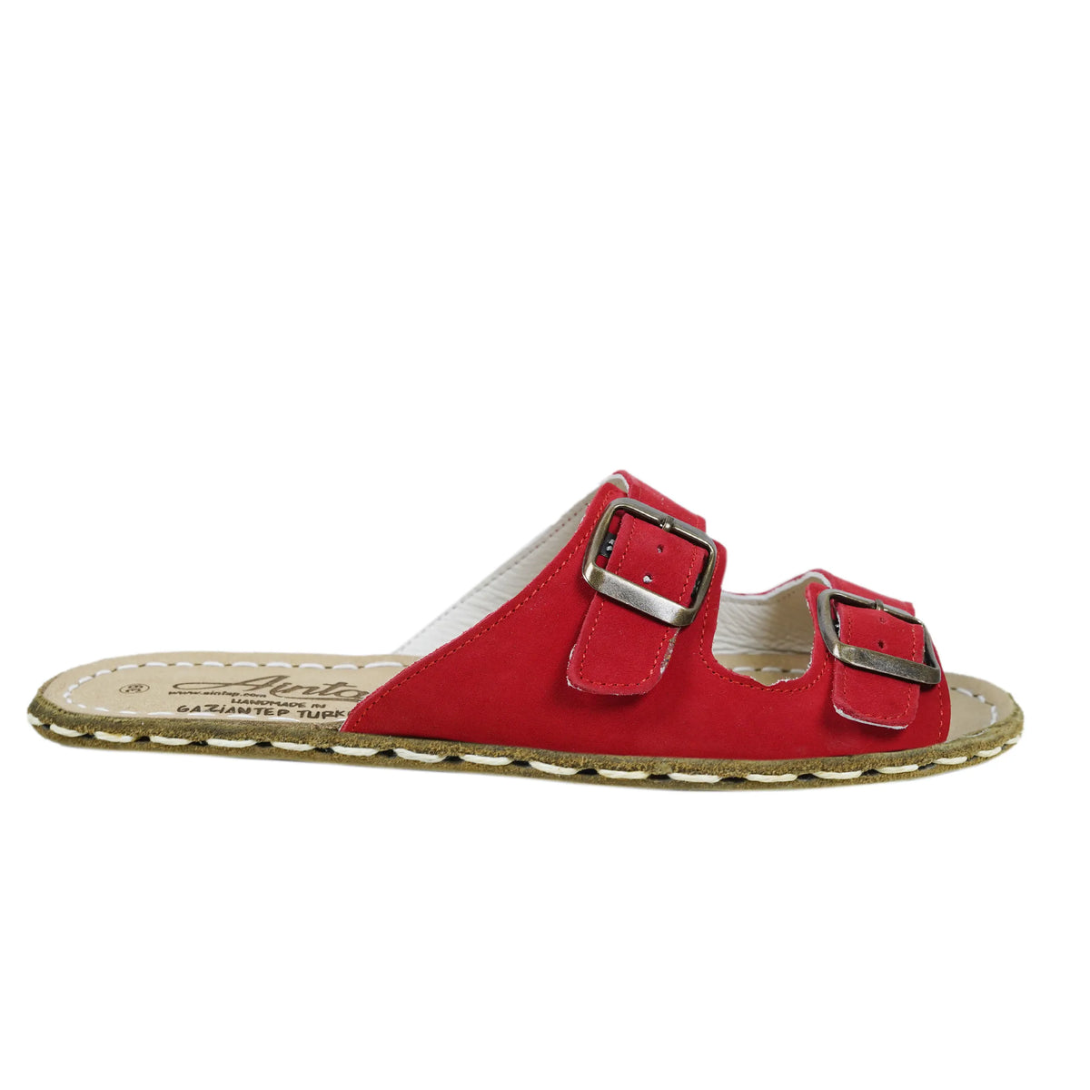Nubuck Barefoot Double Strap Sandals Shoes — Leather Sole – Red