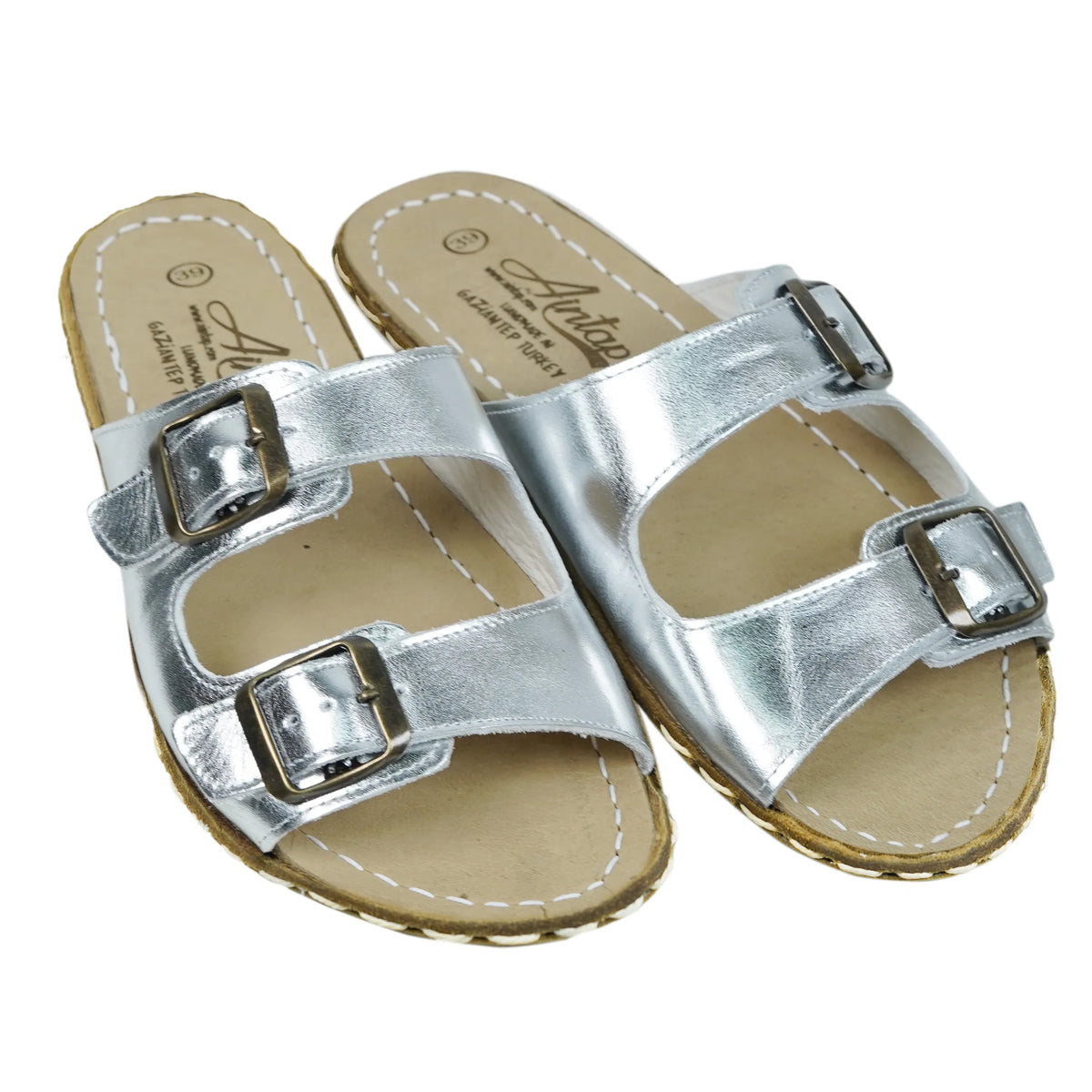 Bright Barefoot Double Strap Sandals Shoes— Leather Sole – Silver