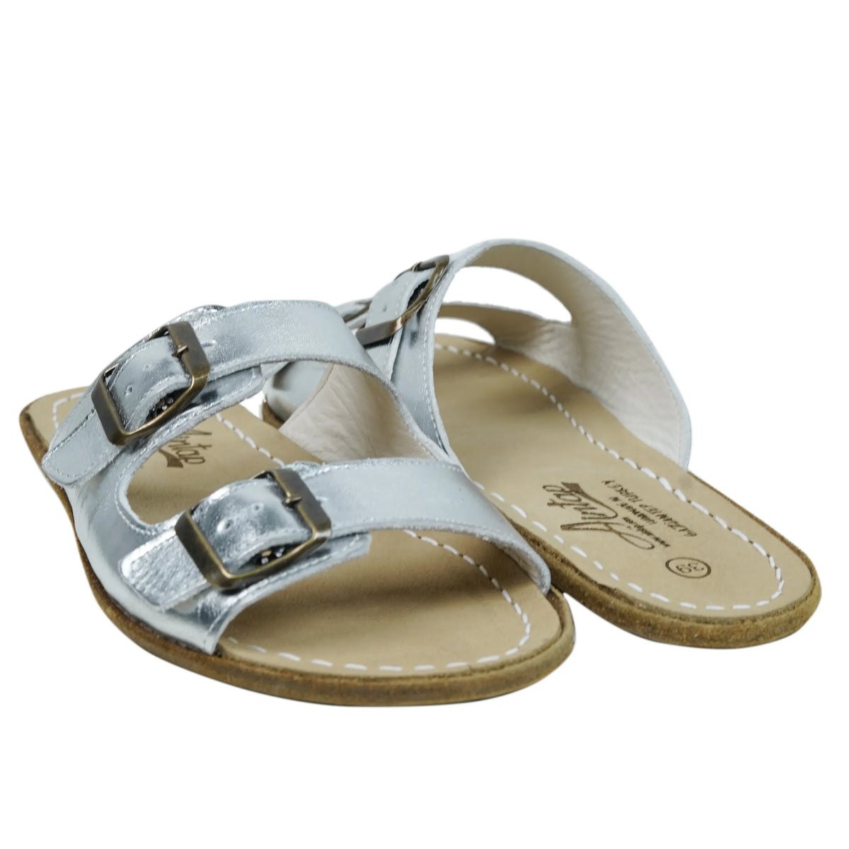 Bright Barefoot Double Strap Sandals Shoes – Classic Sole — Leather Sole – Silver