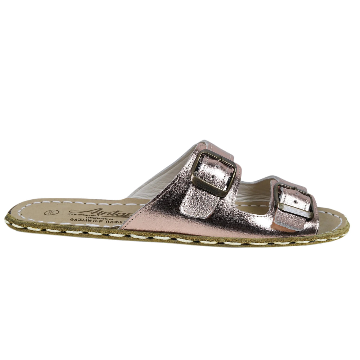Bright Barefoot Double Strap Sandals Shoes— Leather Sole – Rose Gold