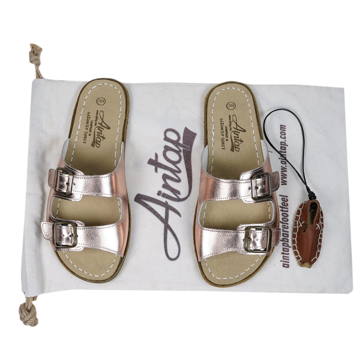 Bright Barefoot Double Strap Sandals Shoes— Leather Sole – Rose Gold
